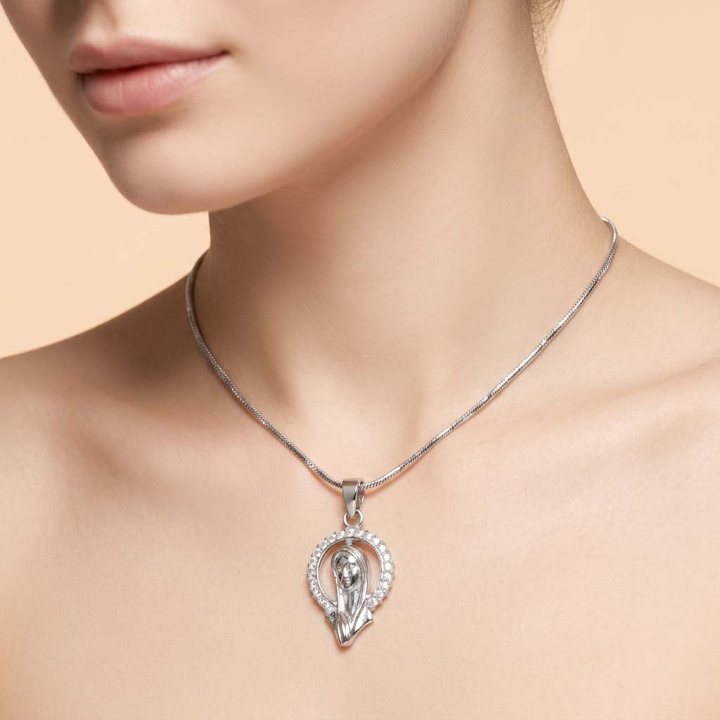 Halo figure pendant necklace worn at the neckline