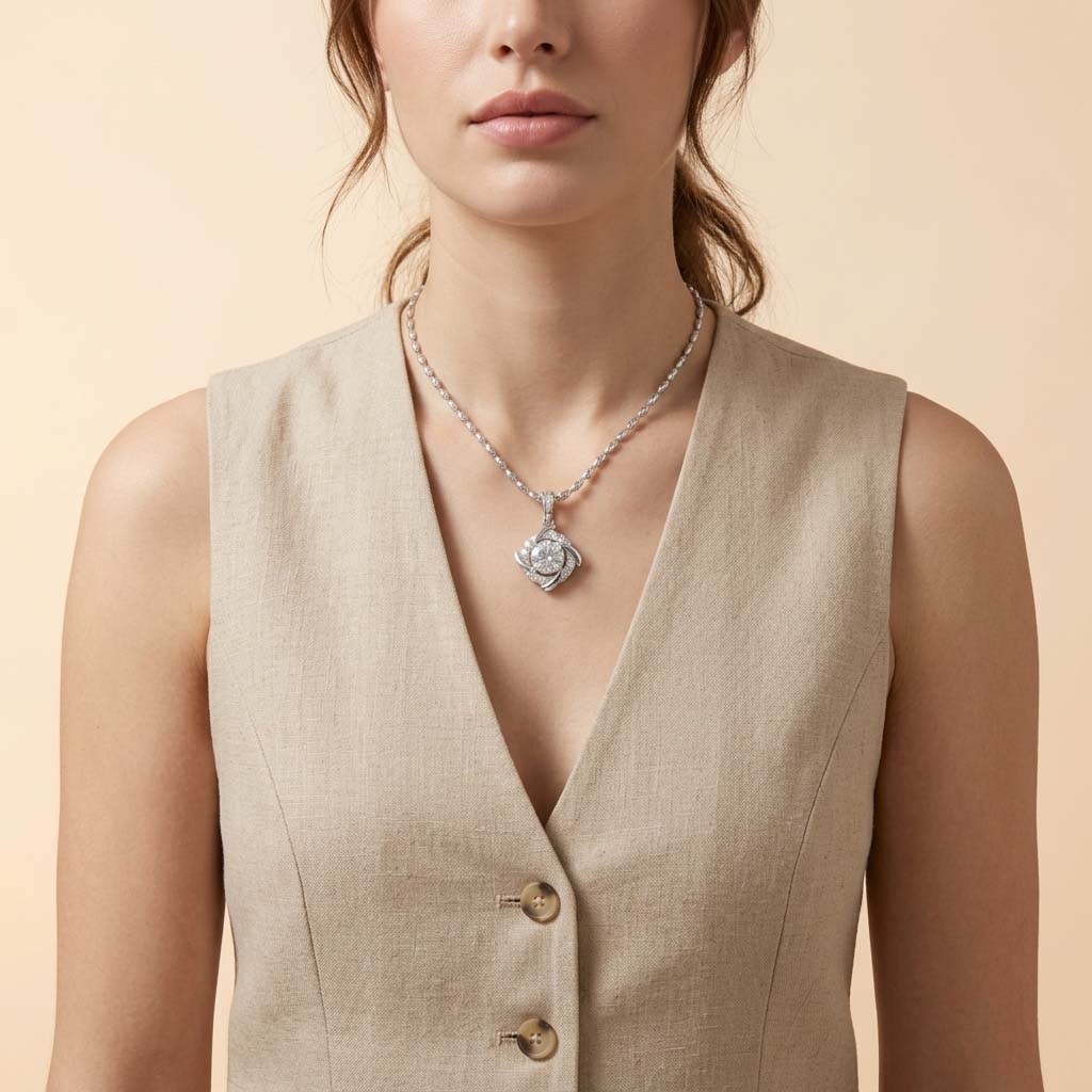 Curved halo pendant necklace worn at the neckline