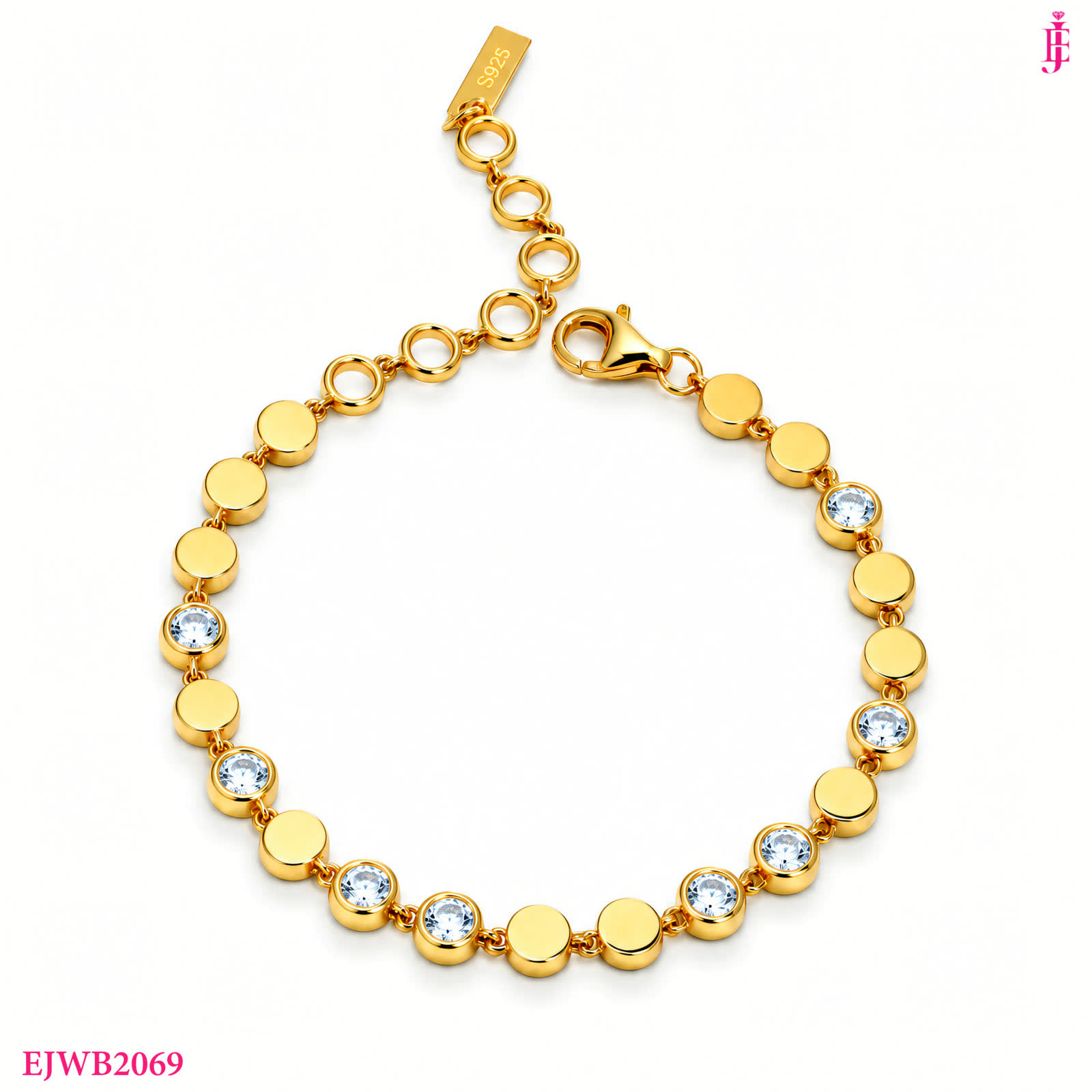 Round CZ Bezel Disc Bracelet in Gold-Plated Sterling Silver - View 1