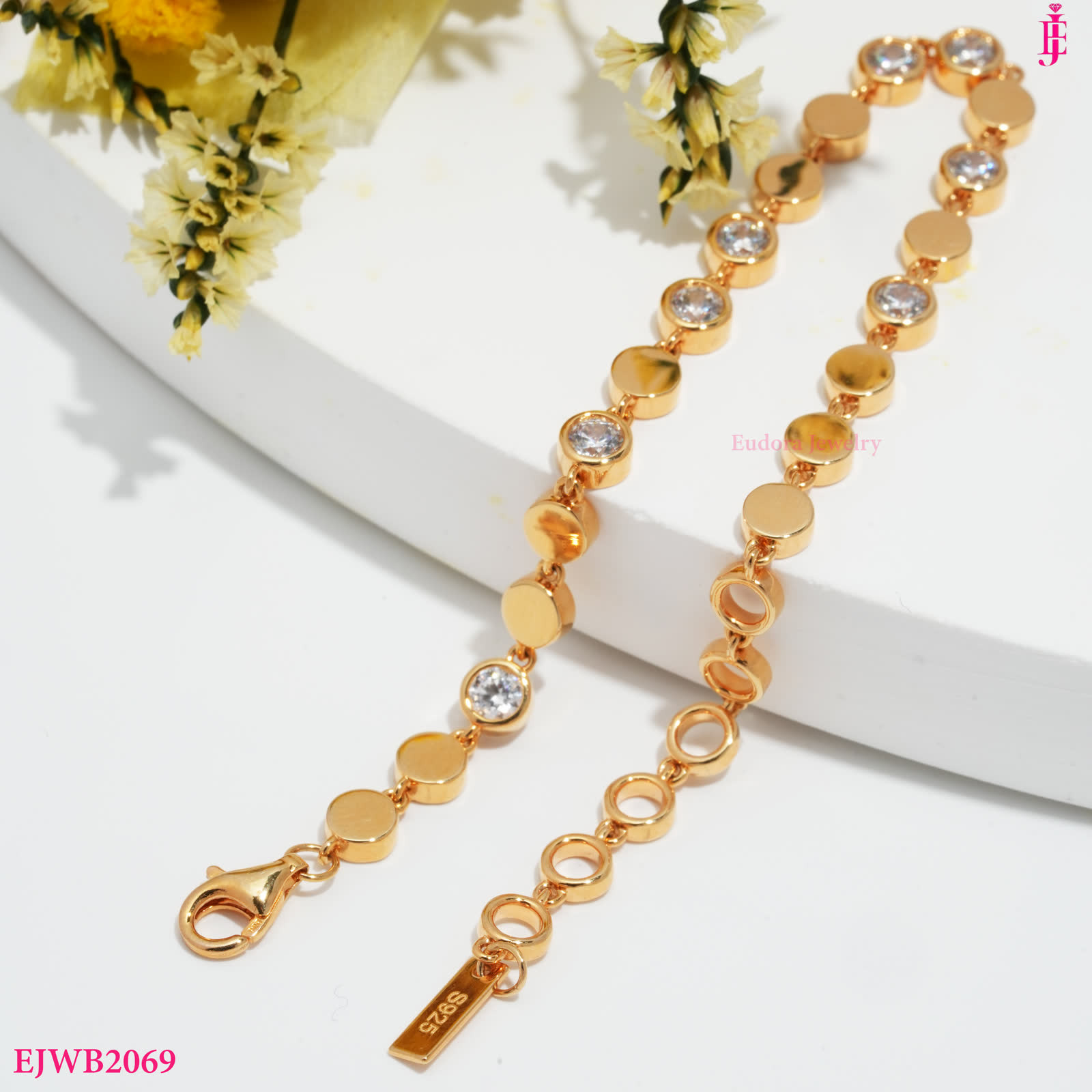 Round CZ Bezel Disc Bracelet in Gold-Plated Sterling Silver - View 3