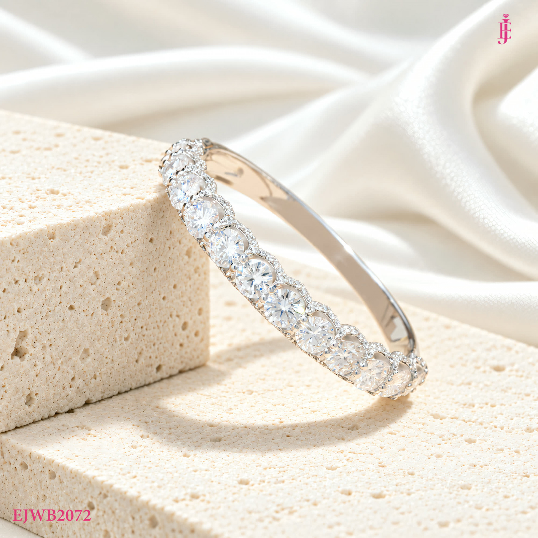 Round Moissanite Halo Bangle in Sterling Silver - View 2
