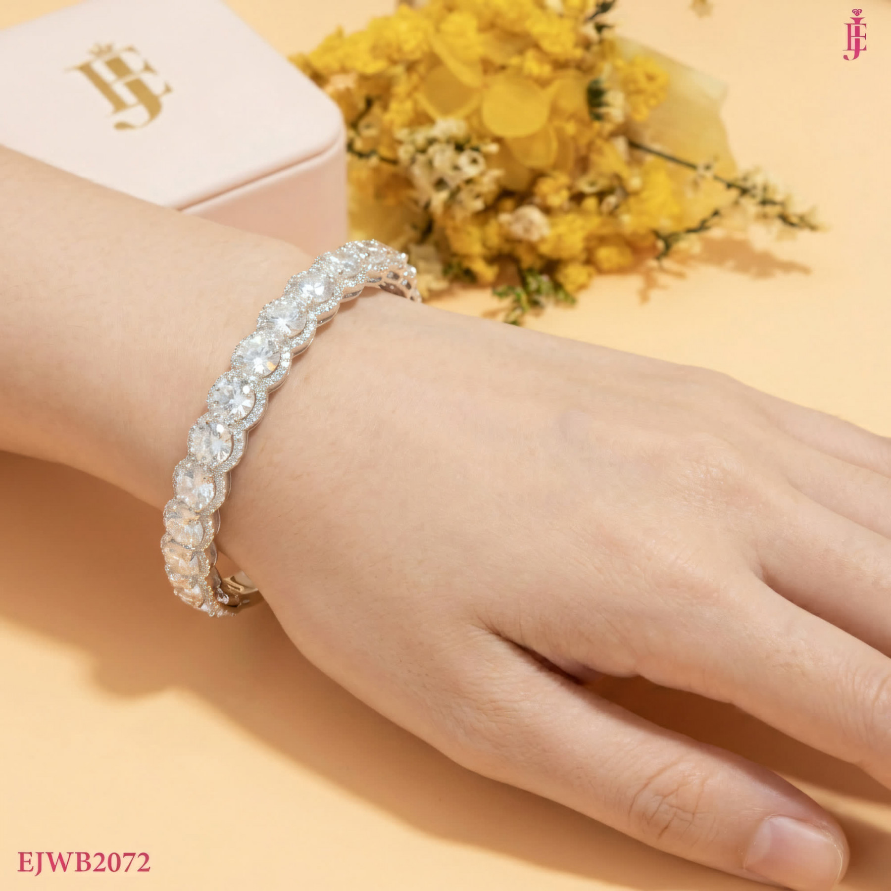 Round Moissanite Halo Bangle in Sterling Silver - View 5