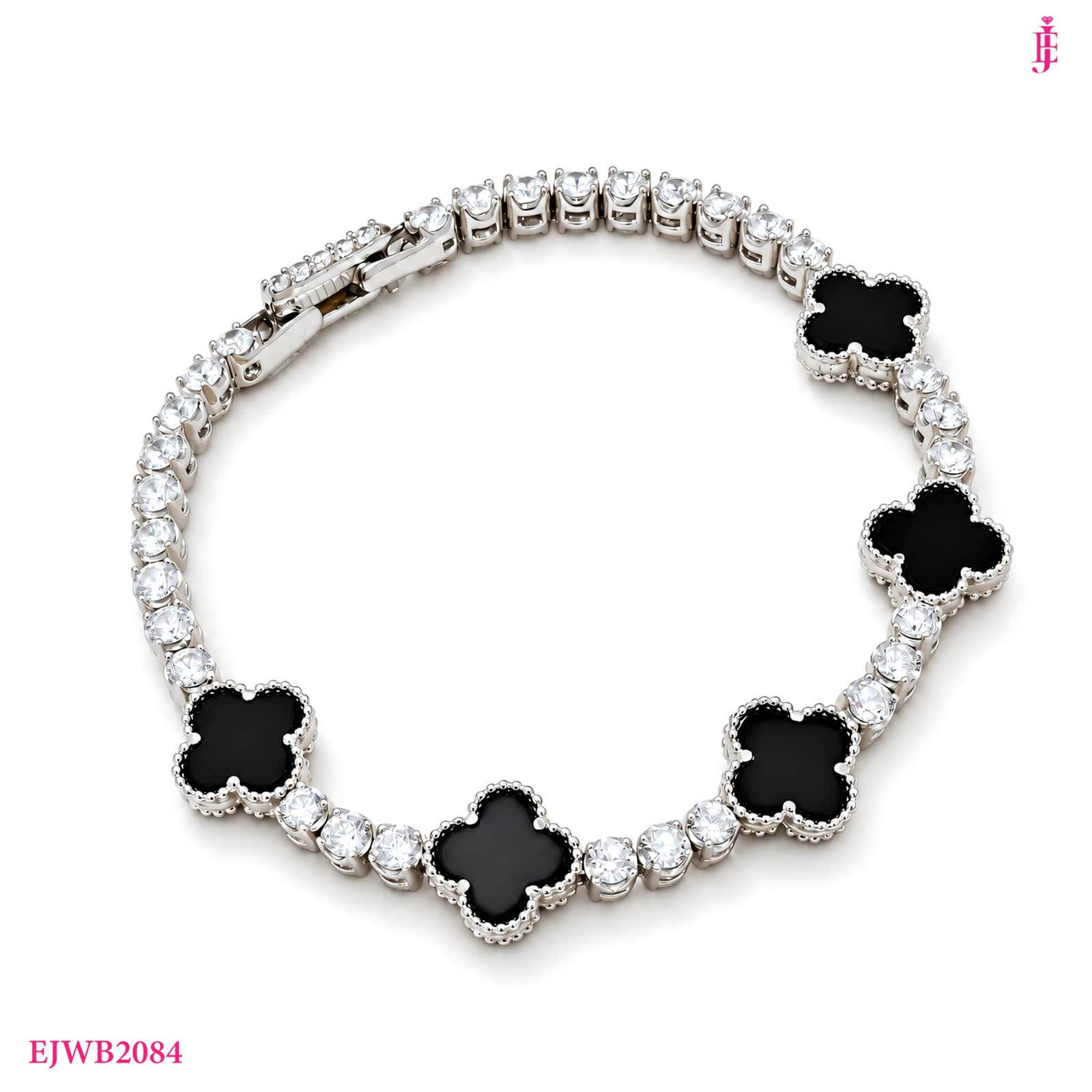 Black Onyx Four-Leaf Clover Bracelet in Sterling Silver - View 1