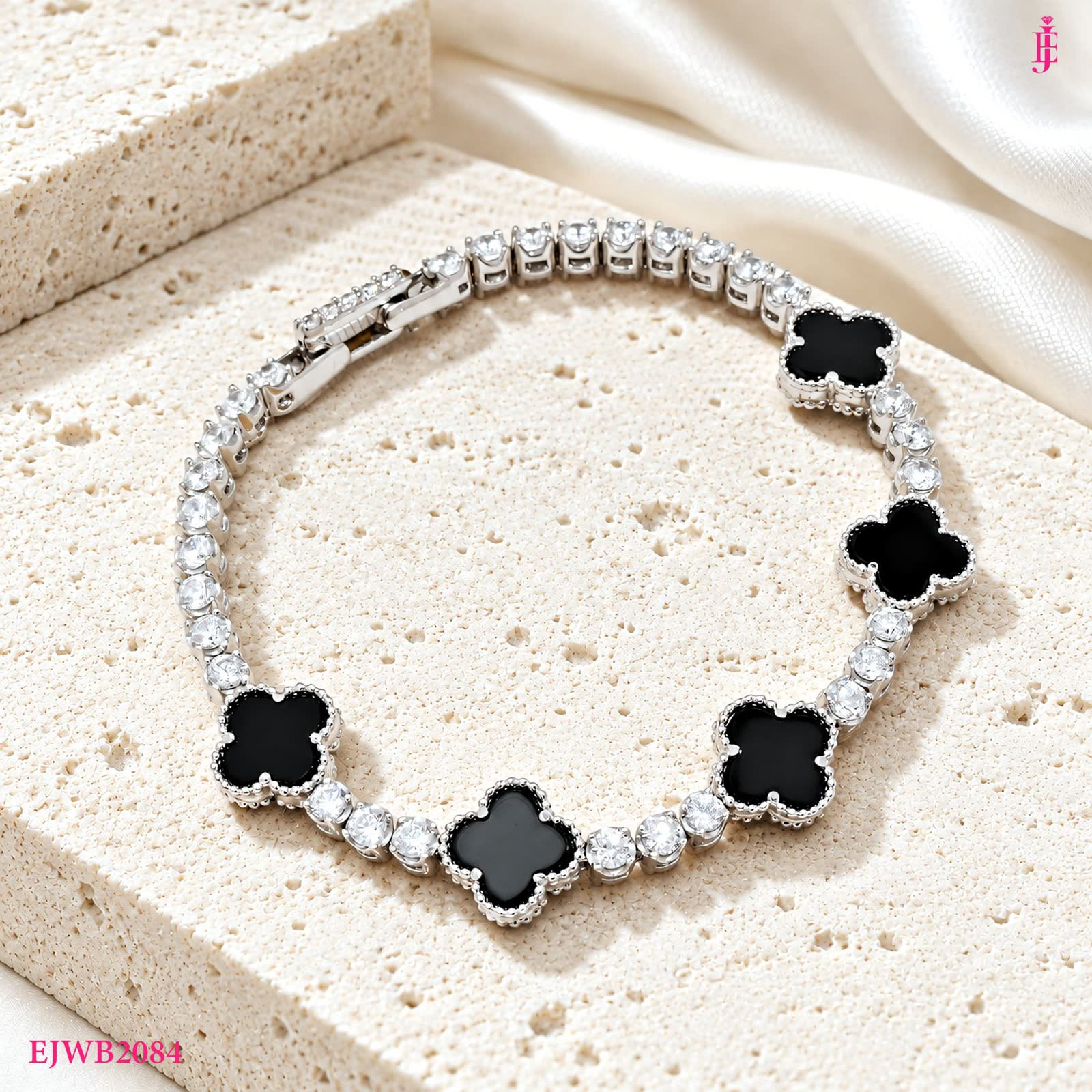 Black Onyx Four-Leaf Clover Bracelet in Sterling Silver - View 2