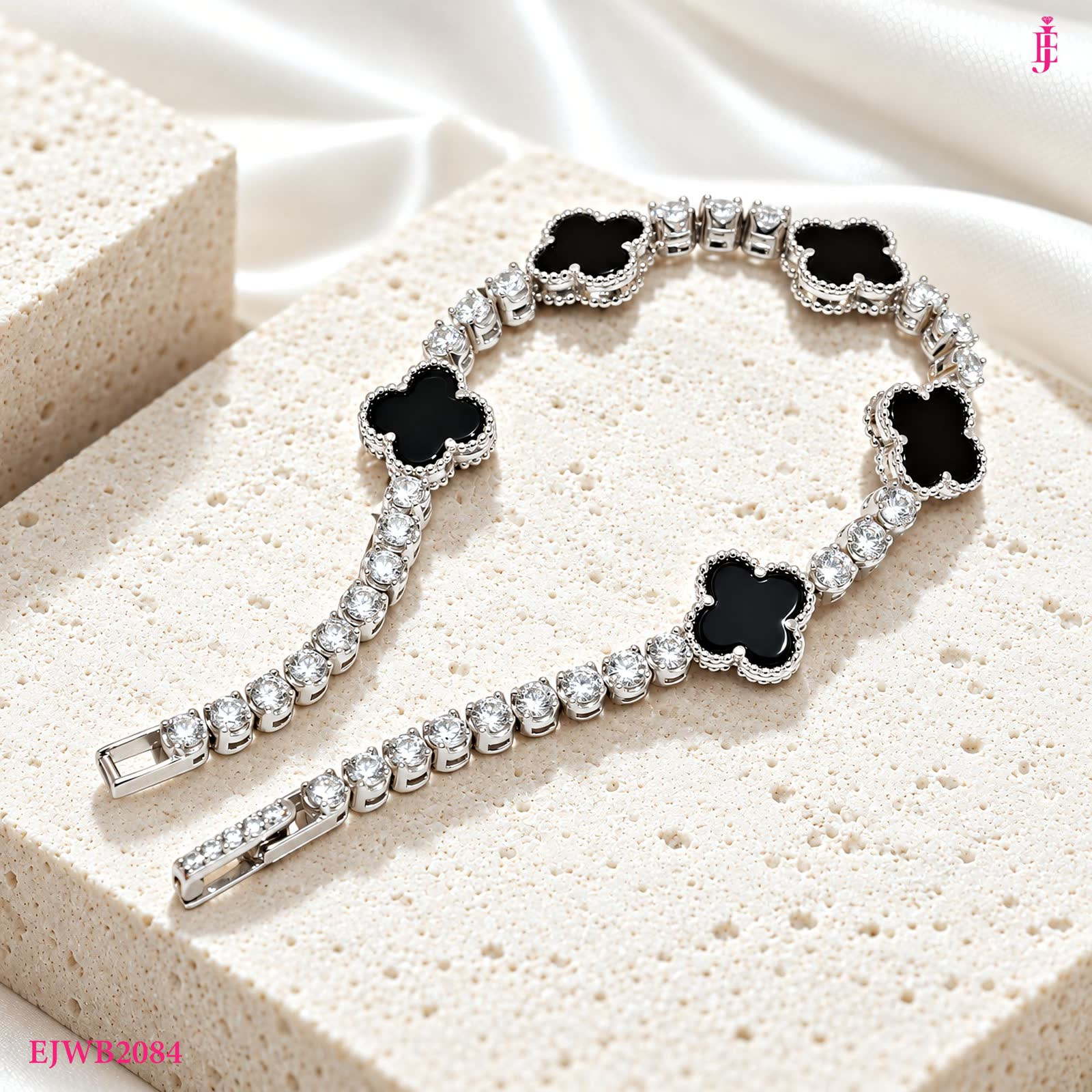 Black Onyx Four-Leaf Clover Bracelet in Sterling Silver - View 4