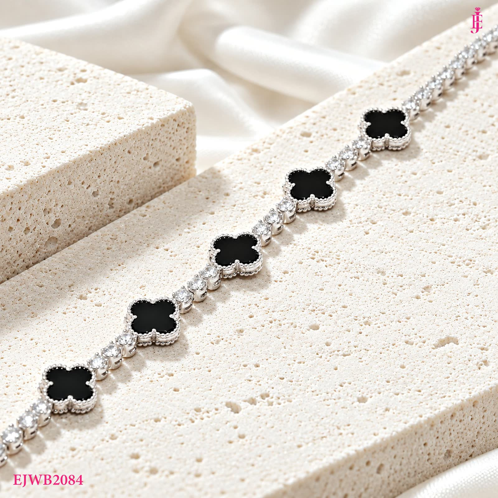 Black Onyx Four-Leaf Clover Bracelet in Sterling Silver - View 5