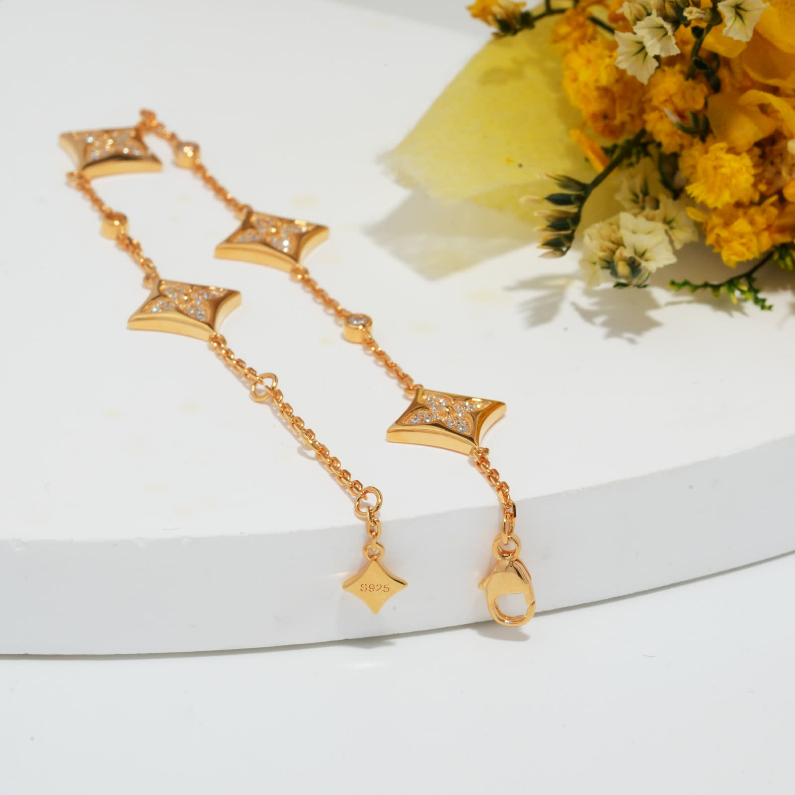 Four-Petal Floral Station Bracelet in 18K Gold-Plated Sterling Silver - detail view 2