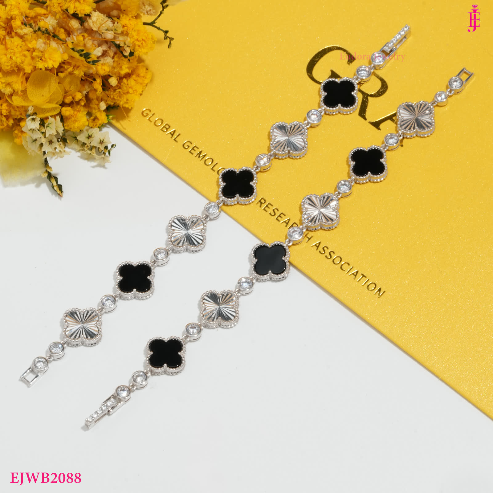 Clover and Sunburst Station Bracelet in Platinum-Plated Sterling Silver - View 1