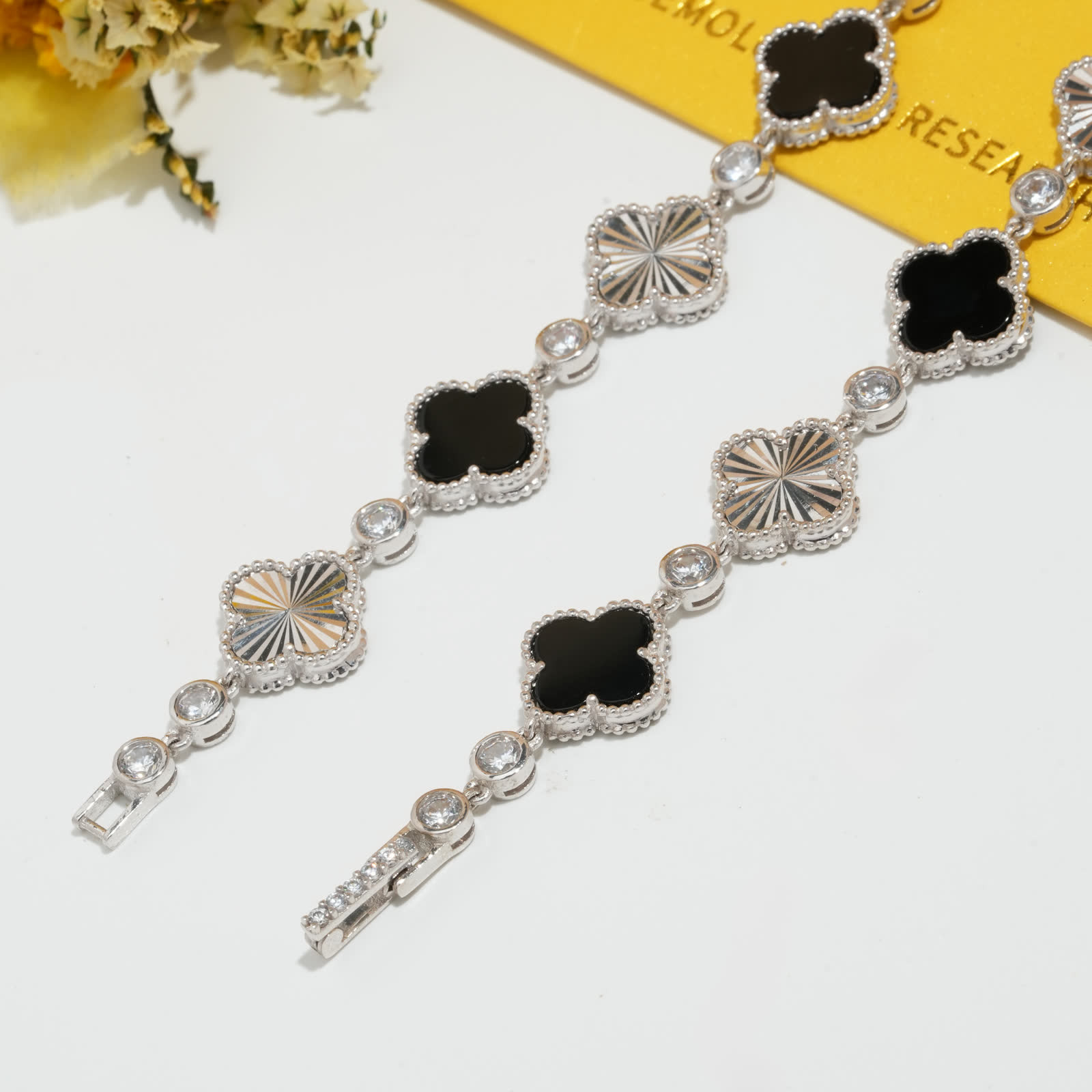 Clover and Sunburst Station Bracelet in Platinum-Plated Sterling Silver - View 2