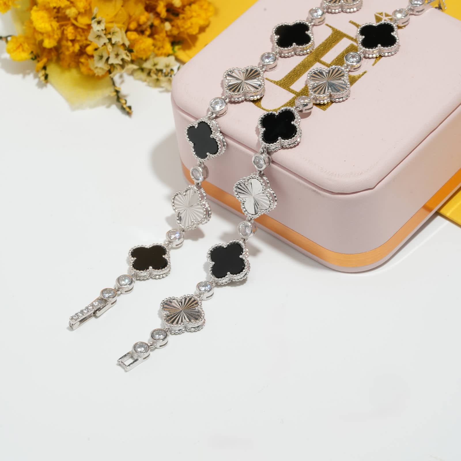 Clover and Sunburst Station Bracelet in Platinum-Plated Sterling Silver - View 3