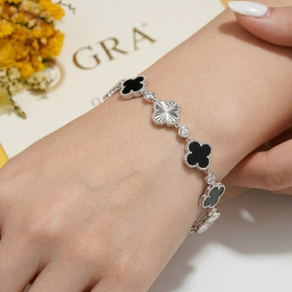 Clover and Sunburst Station Bracelet in Platinum-Plated Sterling Silver - View 4