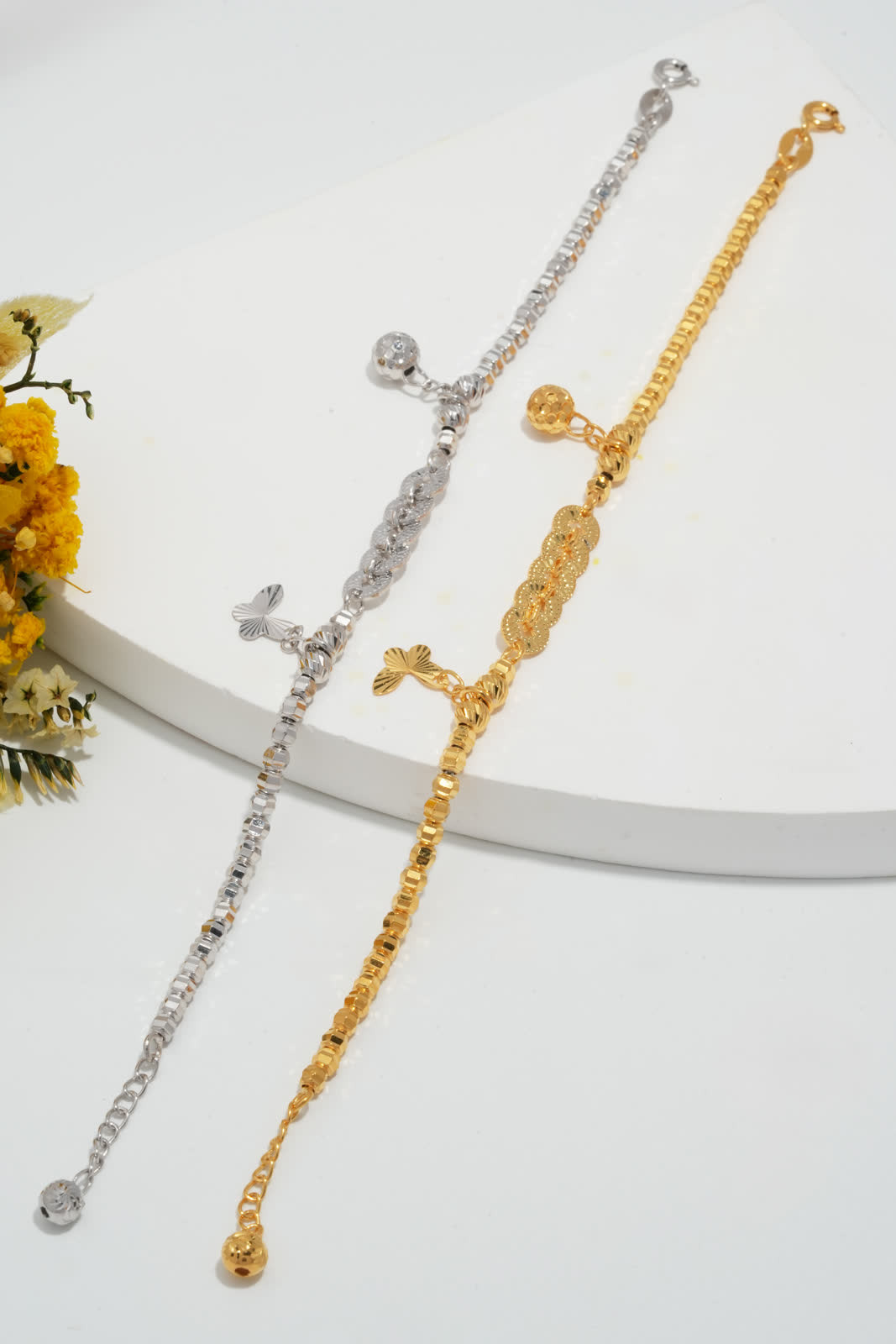 Butterfly Charm Bead Bracelet - Silver and Gold finishes - side by side