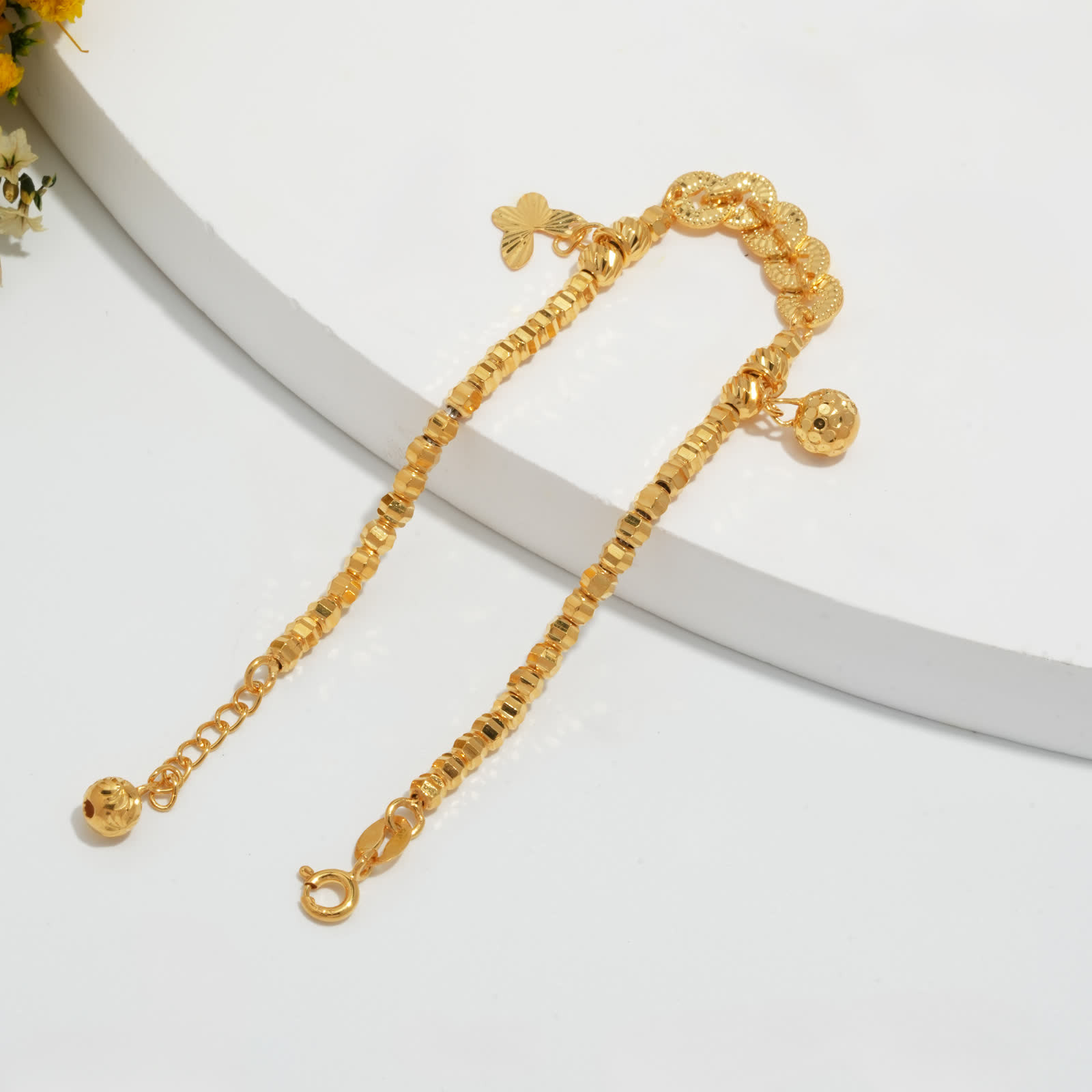 Butterfly Charm Bead Bracelet - Gold finish - clasp and extender chain
