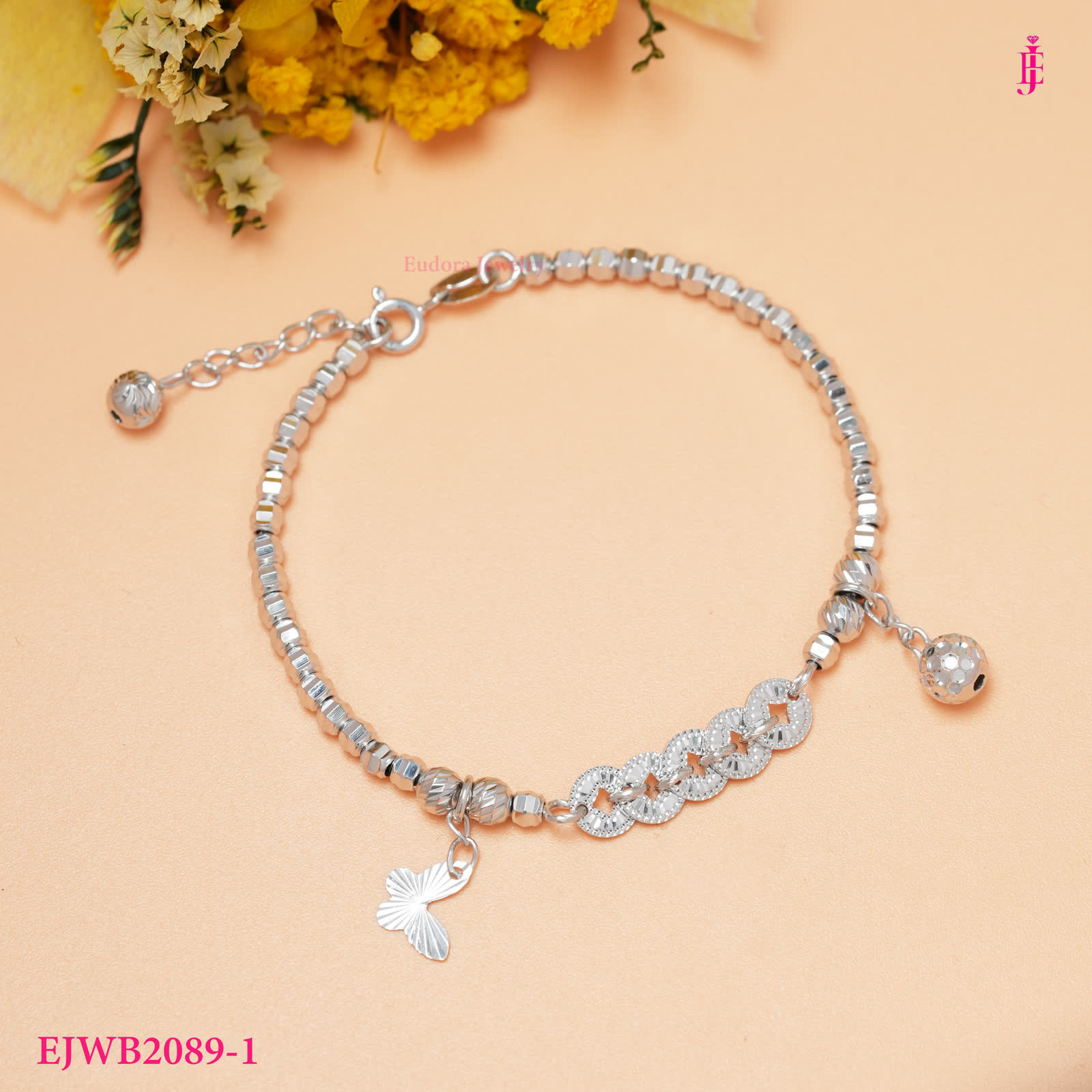 Butterfly Charm Bead Bracelet - Silver finish - flat lay
