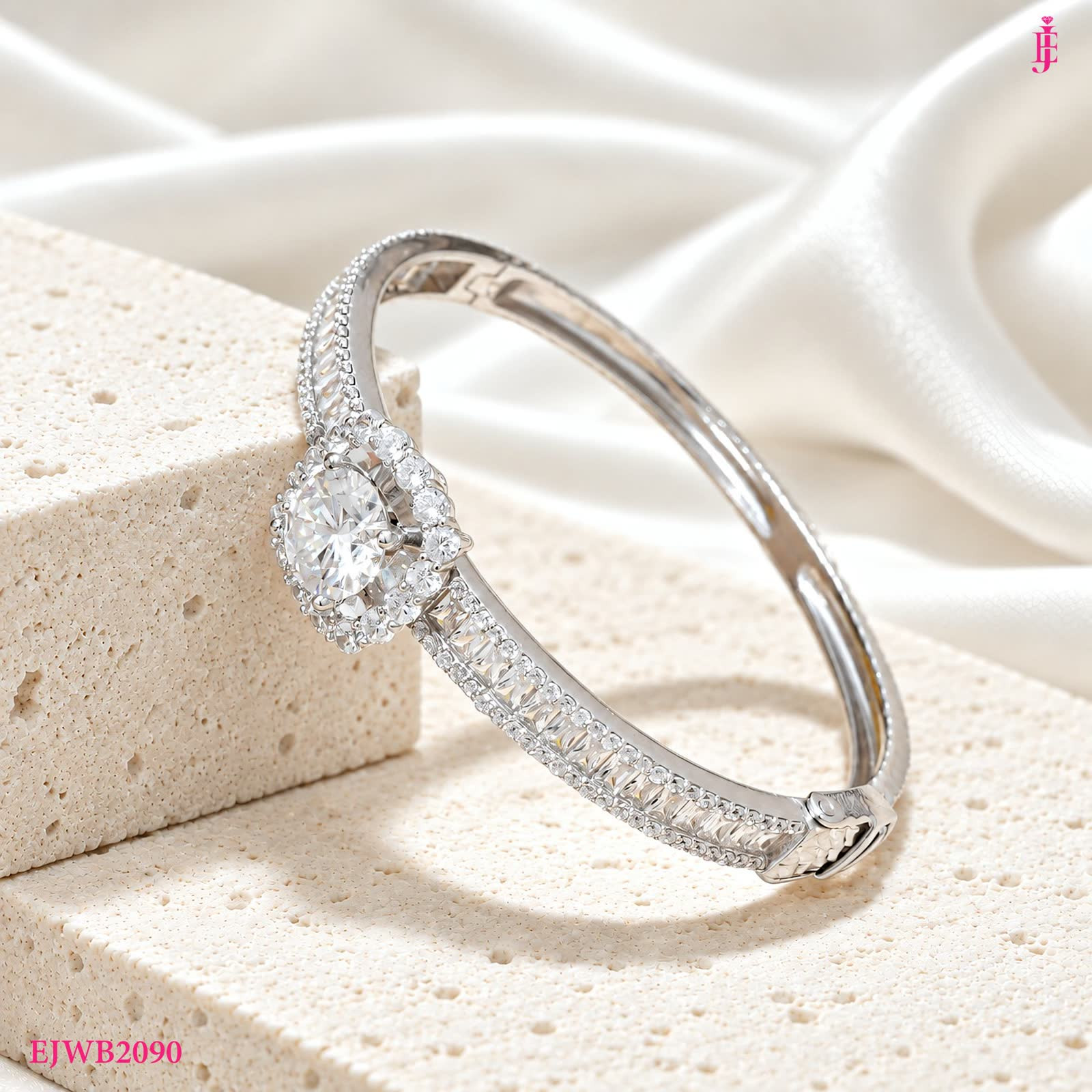 Moissanite Scalloped Halo Bangle in Sterling Silver - View 3