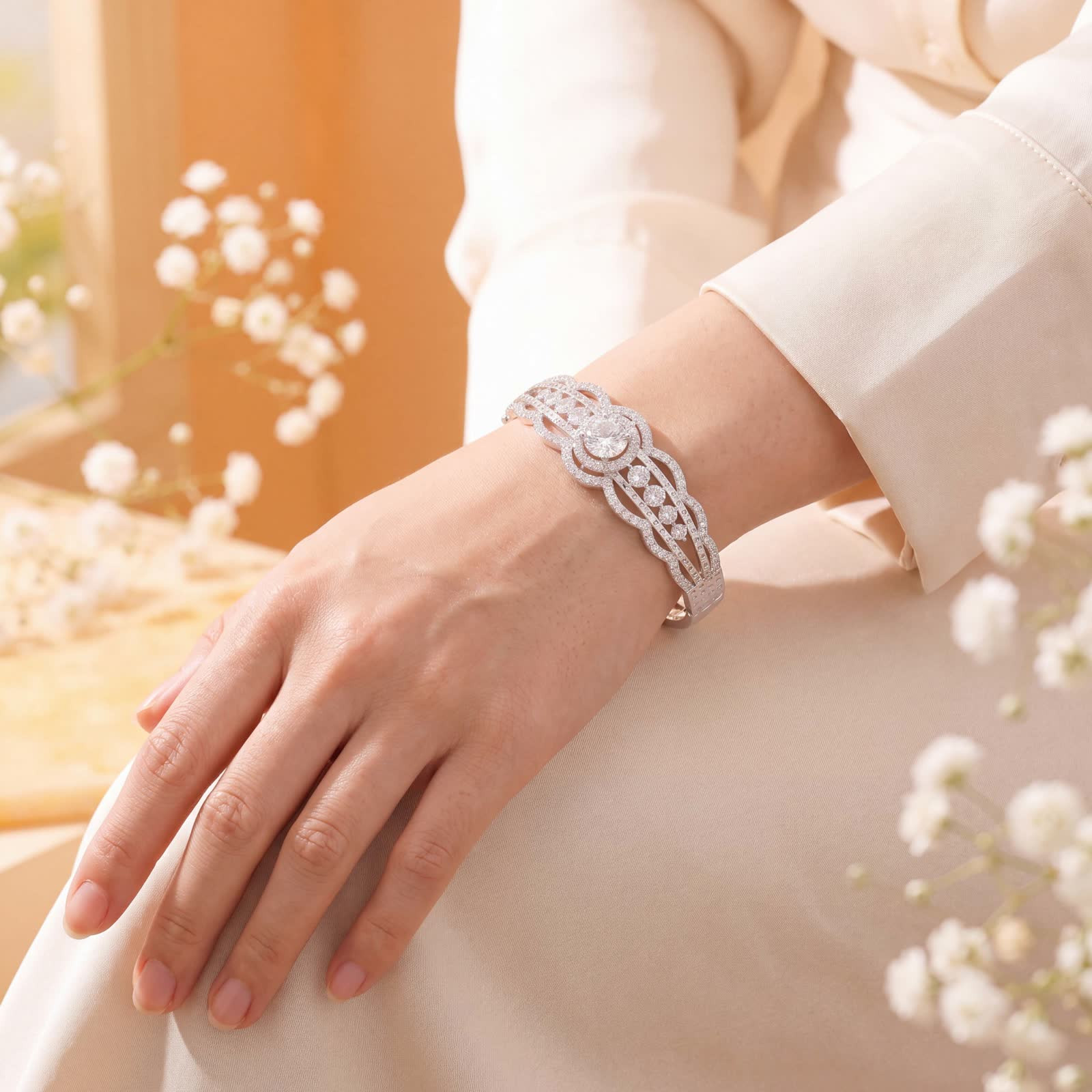 Halo Bangle Bracelet in Platinum-Plated Silver - detail view 3