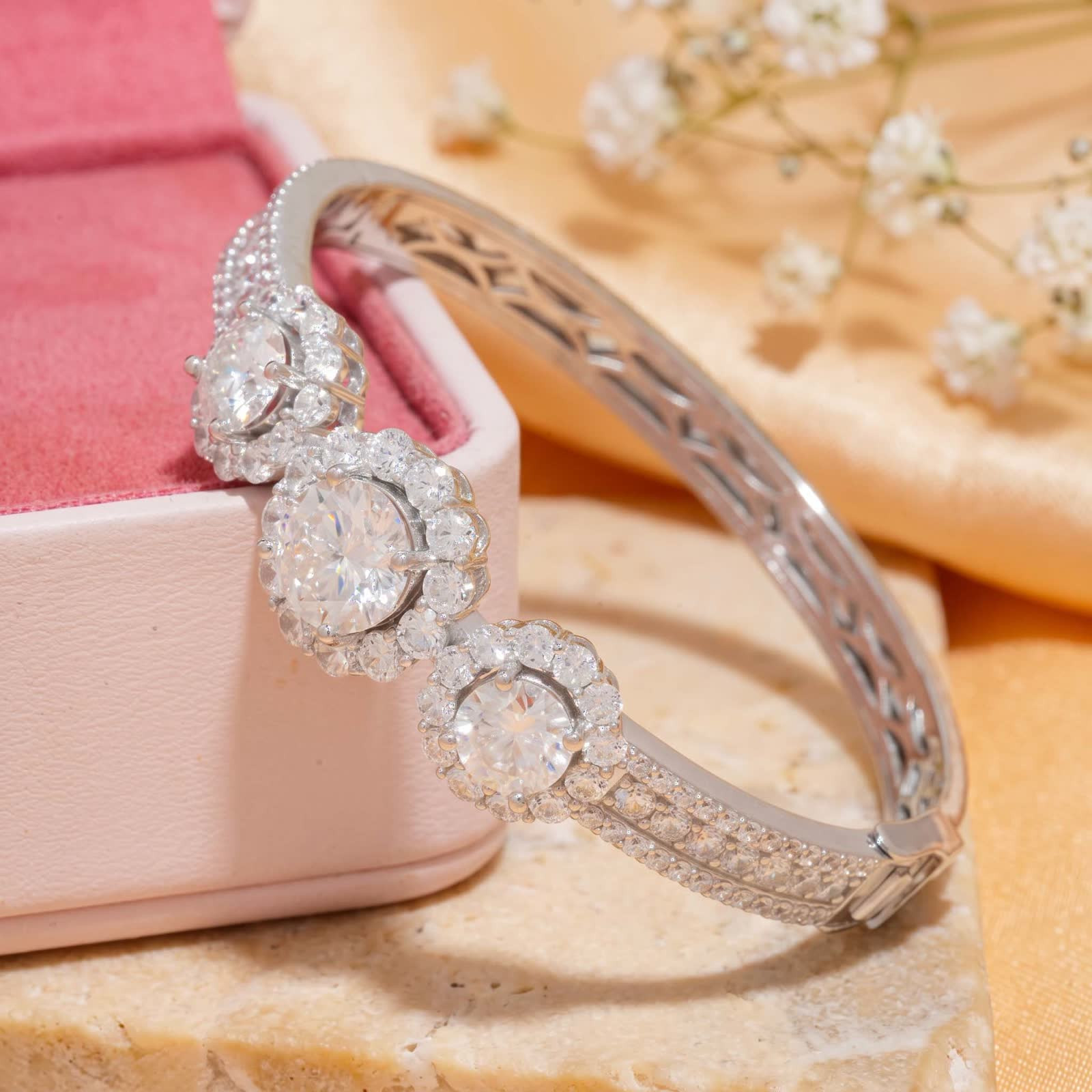 Three Stone Floral Halo Moissanite Bangle in Platinum-Plated Silver - three floral halos and band detail