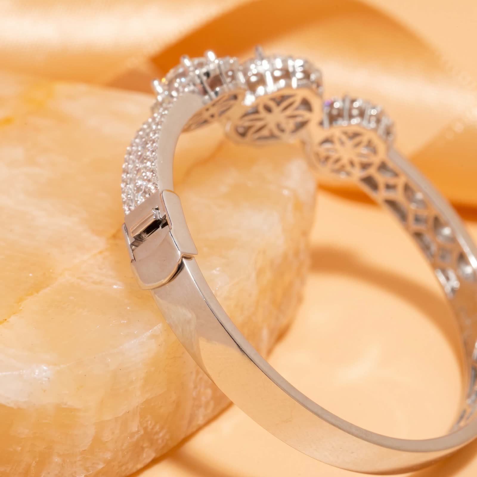 Three Stone Floral Halo Moissanite Bangle in Platinum-Plated Silver - clasp and reverse detail