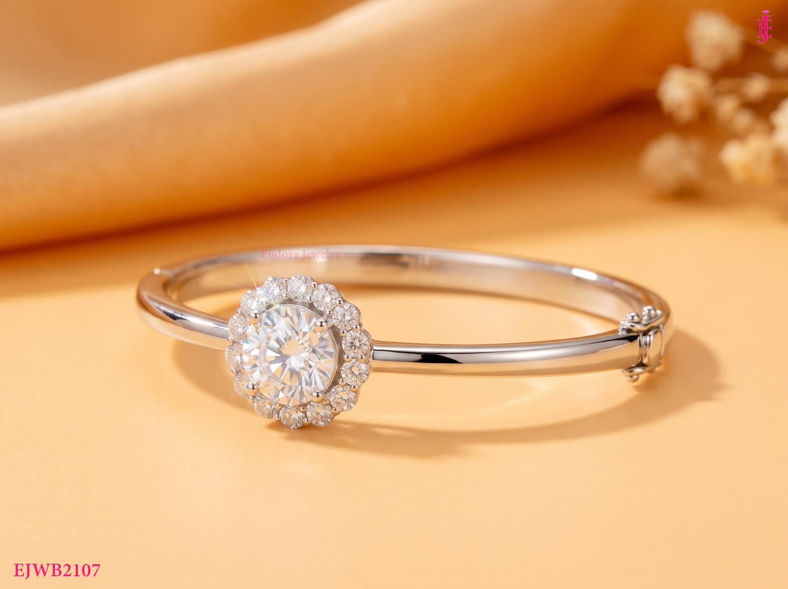 Round Halo Bangle in Platinum-Plated Sterling Silver - View 6