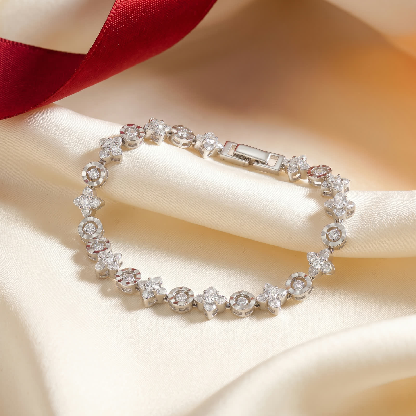 Silver-Tone Round Clear Stone Bezel Link Bracelet - View 3