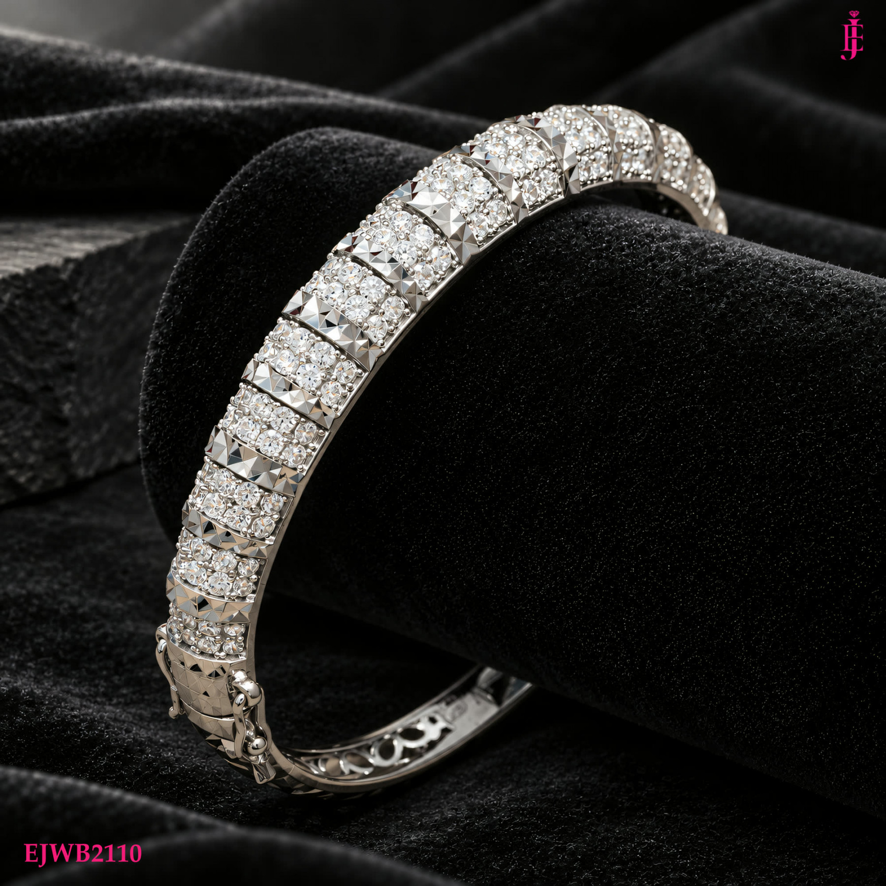 Pavé Cubic Zirconia Bangle in White Gold-Plated Sterling Silver - View 2