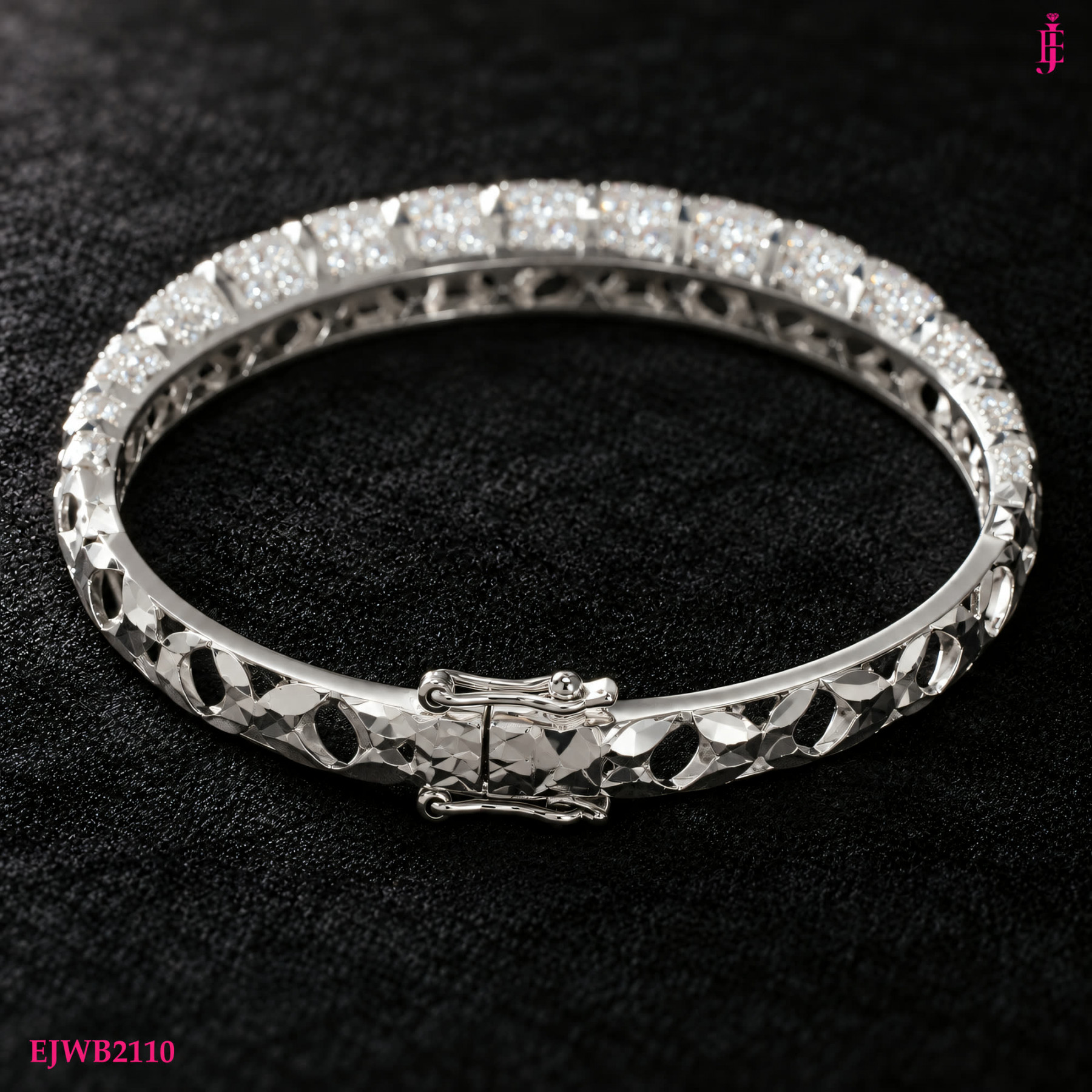 Pavé Cubic Zirconia Bangle in White Gold-Plated Sterling Silver - View 3