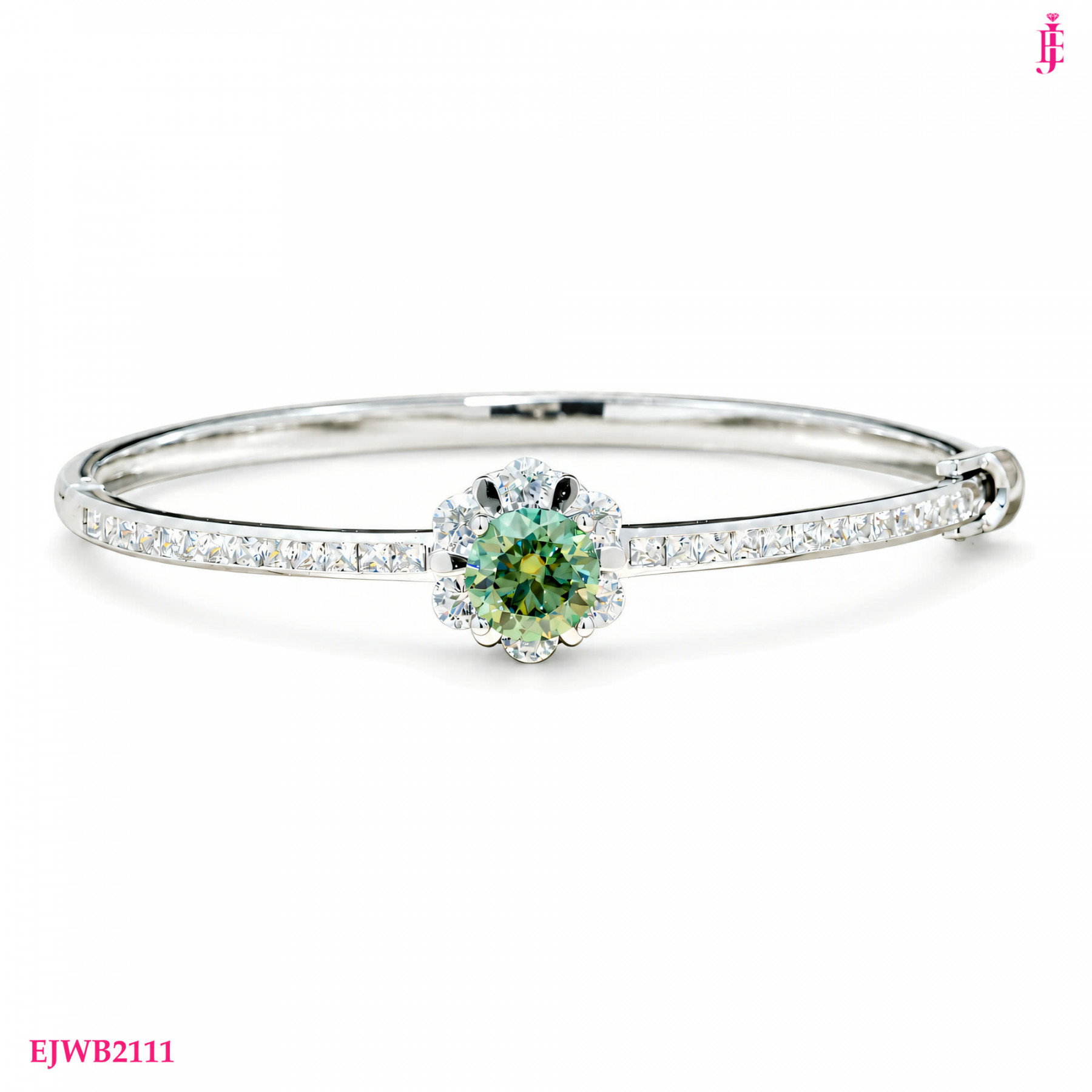 Green Moissanite Bangle in White Gold-Plated Sterling Silver - View 1