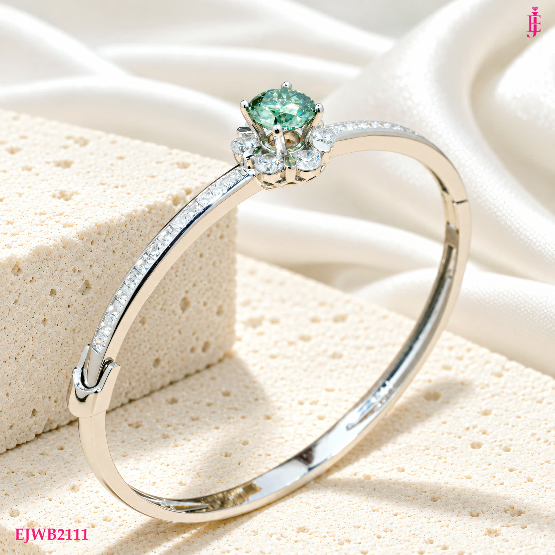 Green Moissanite Bangle in White Gold-Plated Sterling Silver - View 2