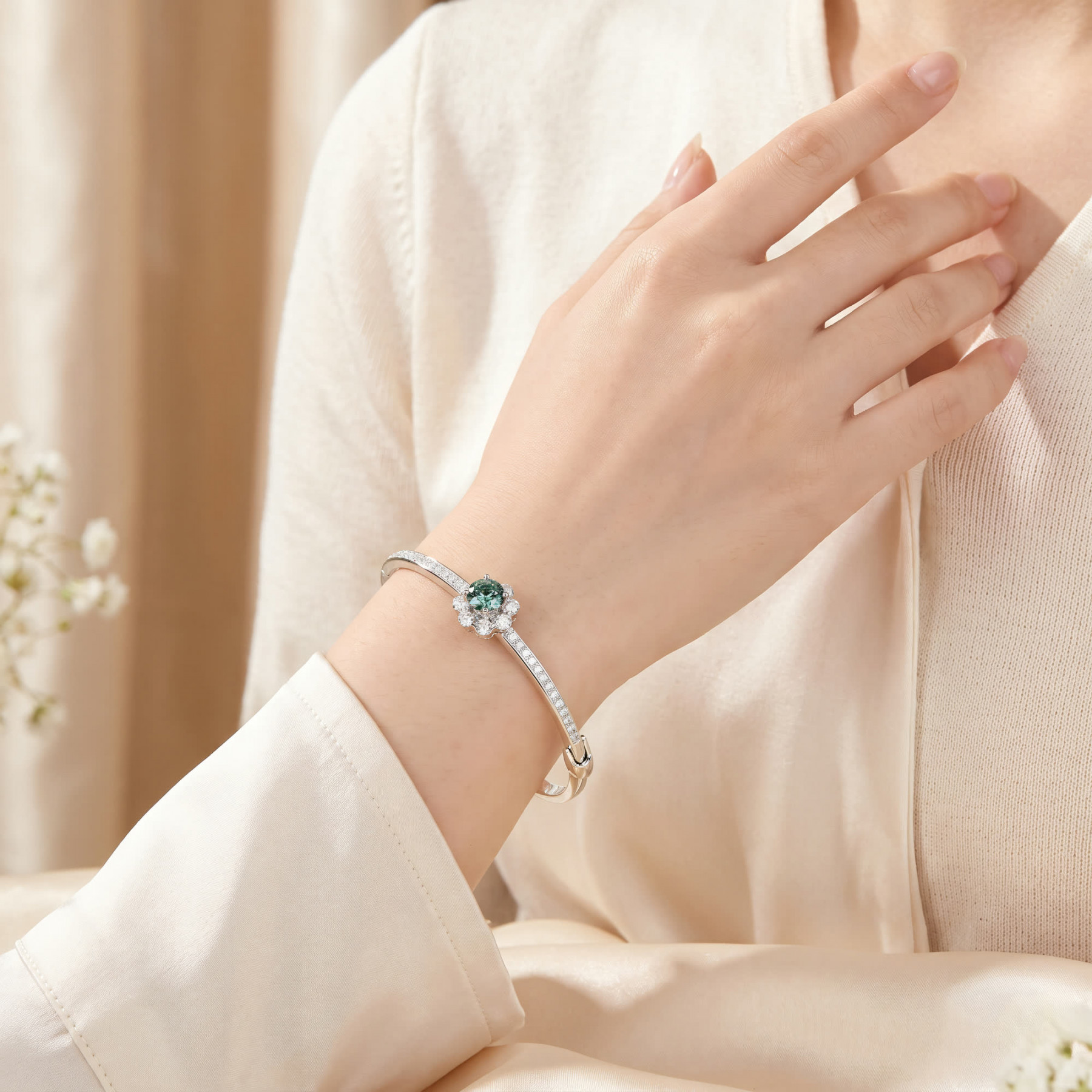 Green Moissanite Bangle in White Gold-Plated Sterling Silver - View 5