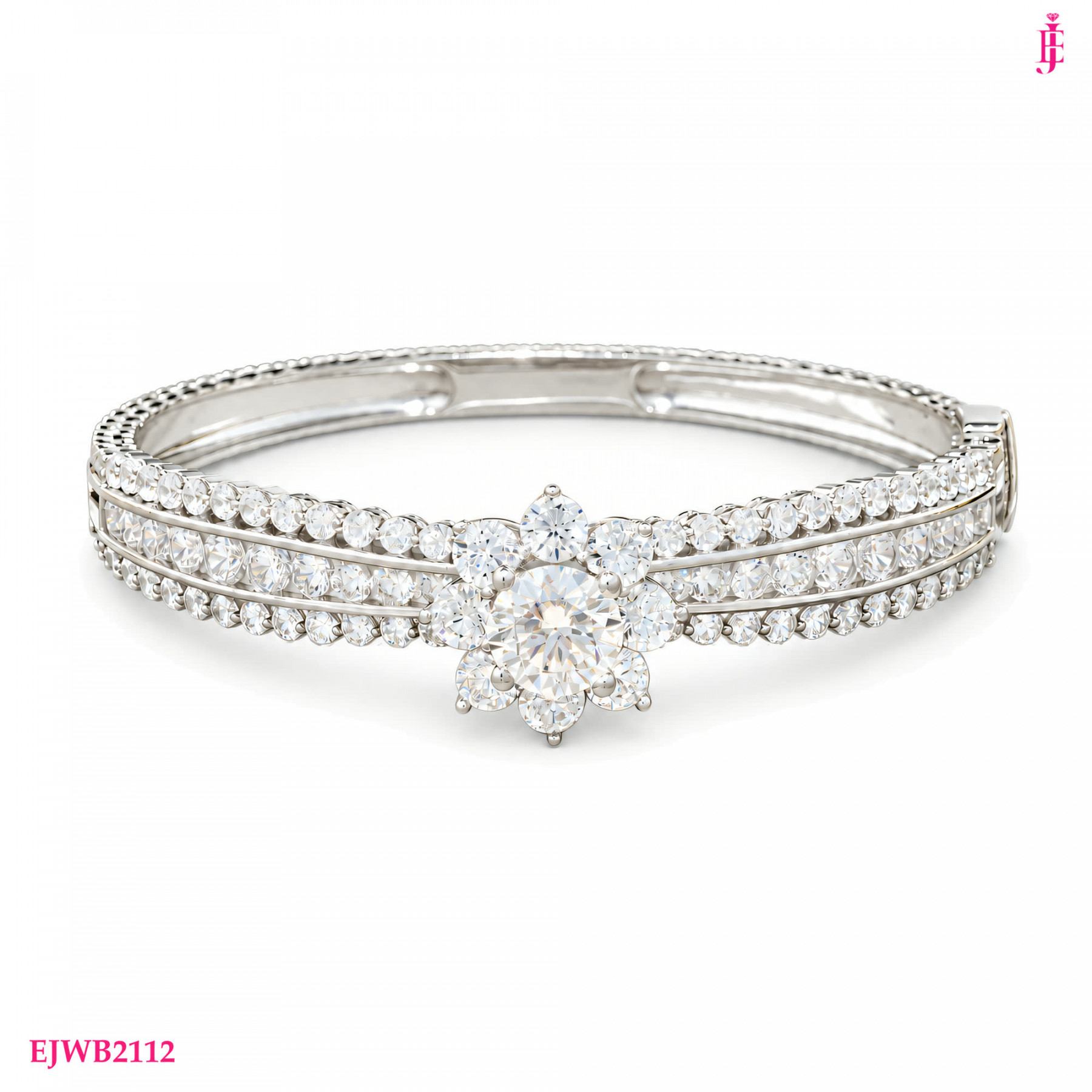 Moissanite Flower Bangle in White Gold-Plated Sterling Silver - View 1