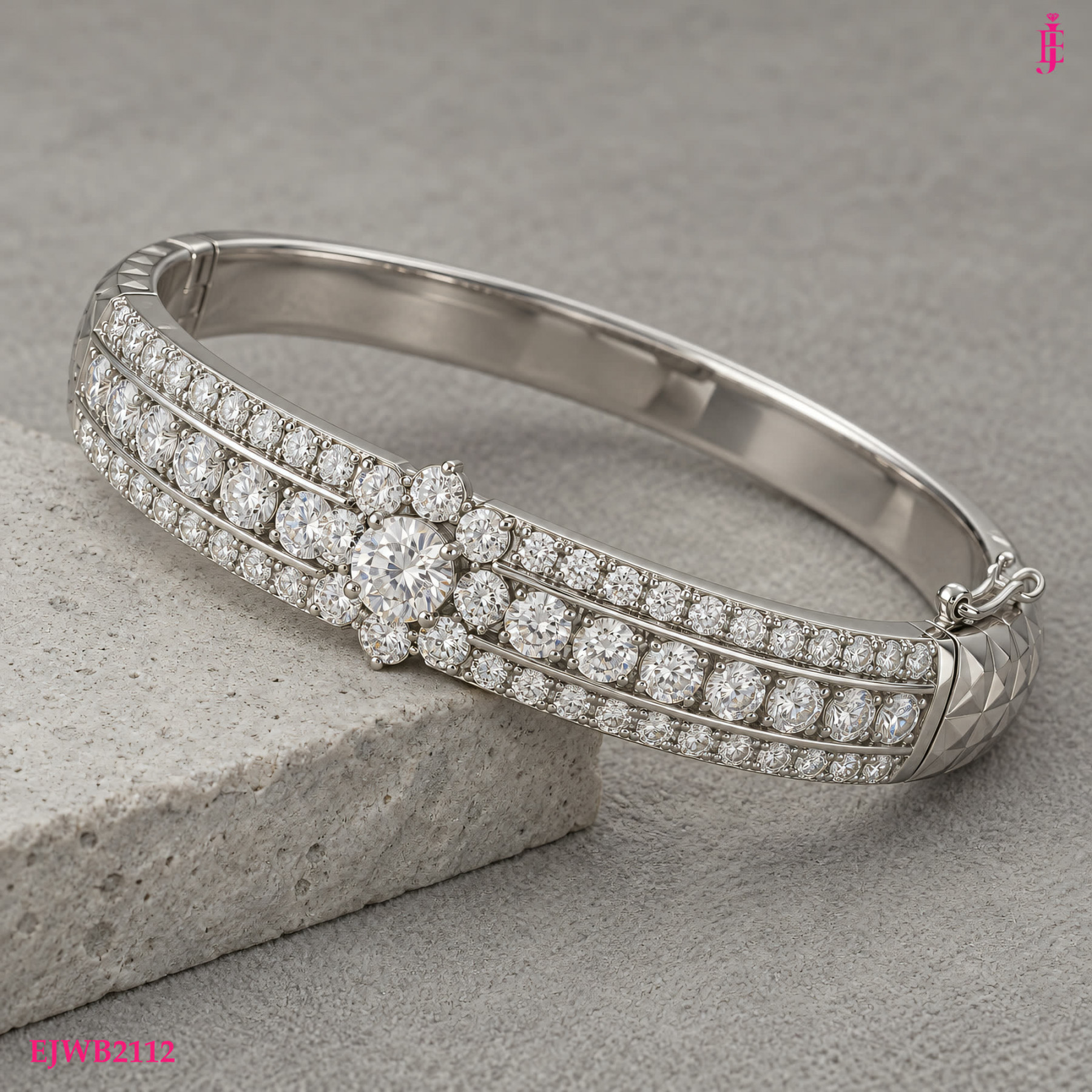 Moissanite Flower Bangle in White Gold-Plated Sterling Silver - View 2