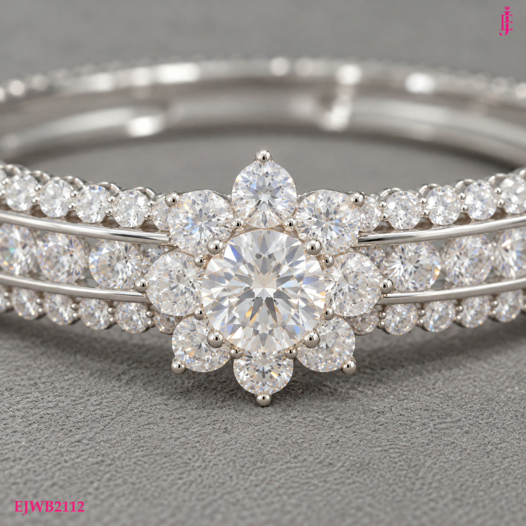 Moissanite Flower Bangle in White Gold-Plated Sterling Silver - View 3