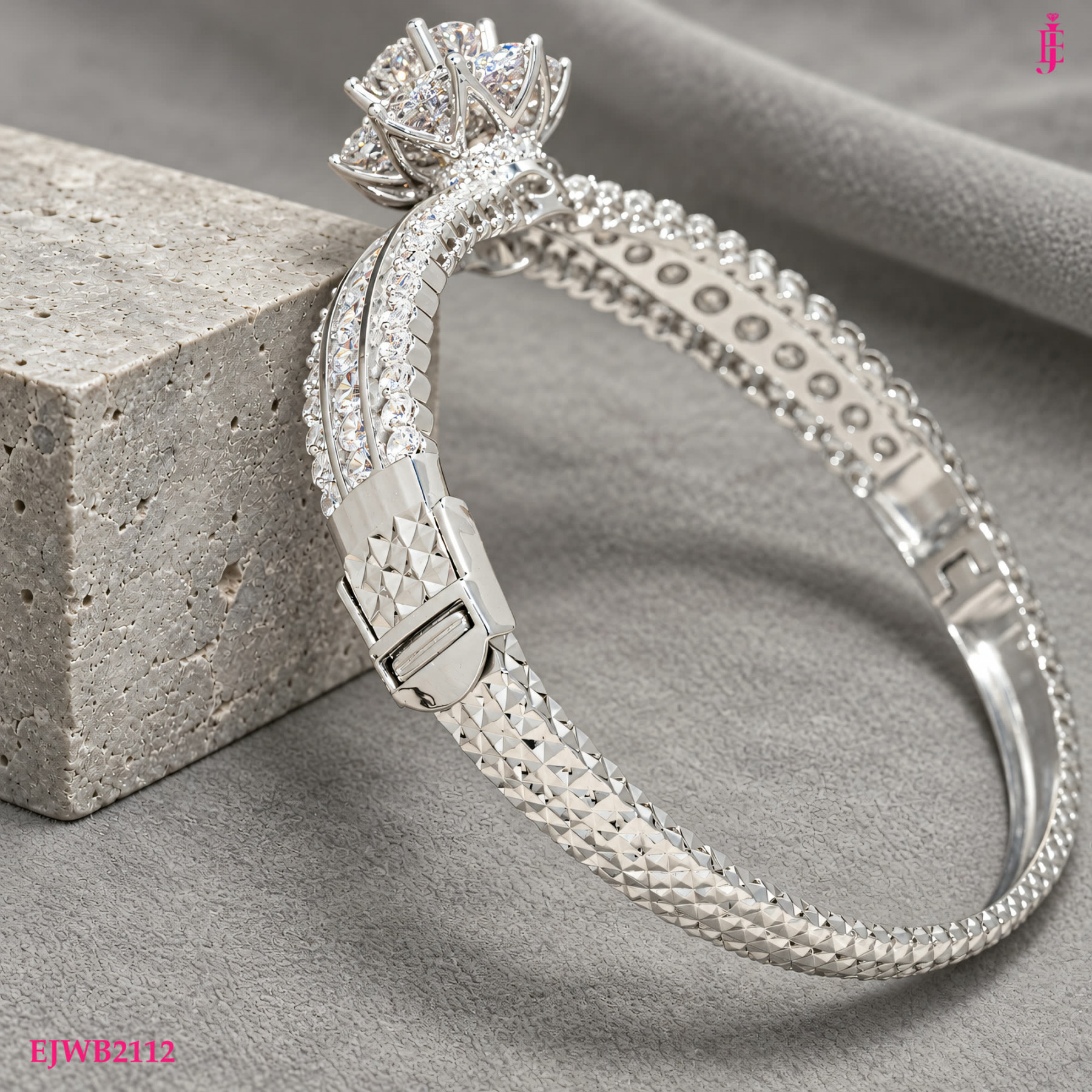 Moissanite Flower Bangle in White Gold-Plated Sterling Silver - View 4