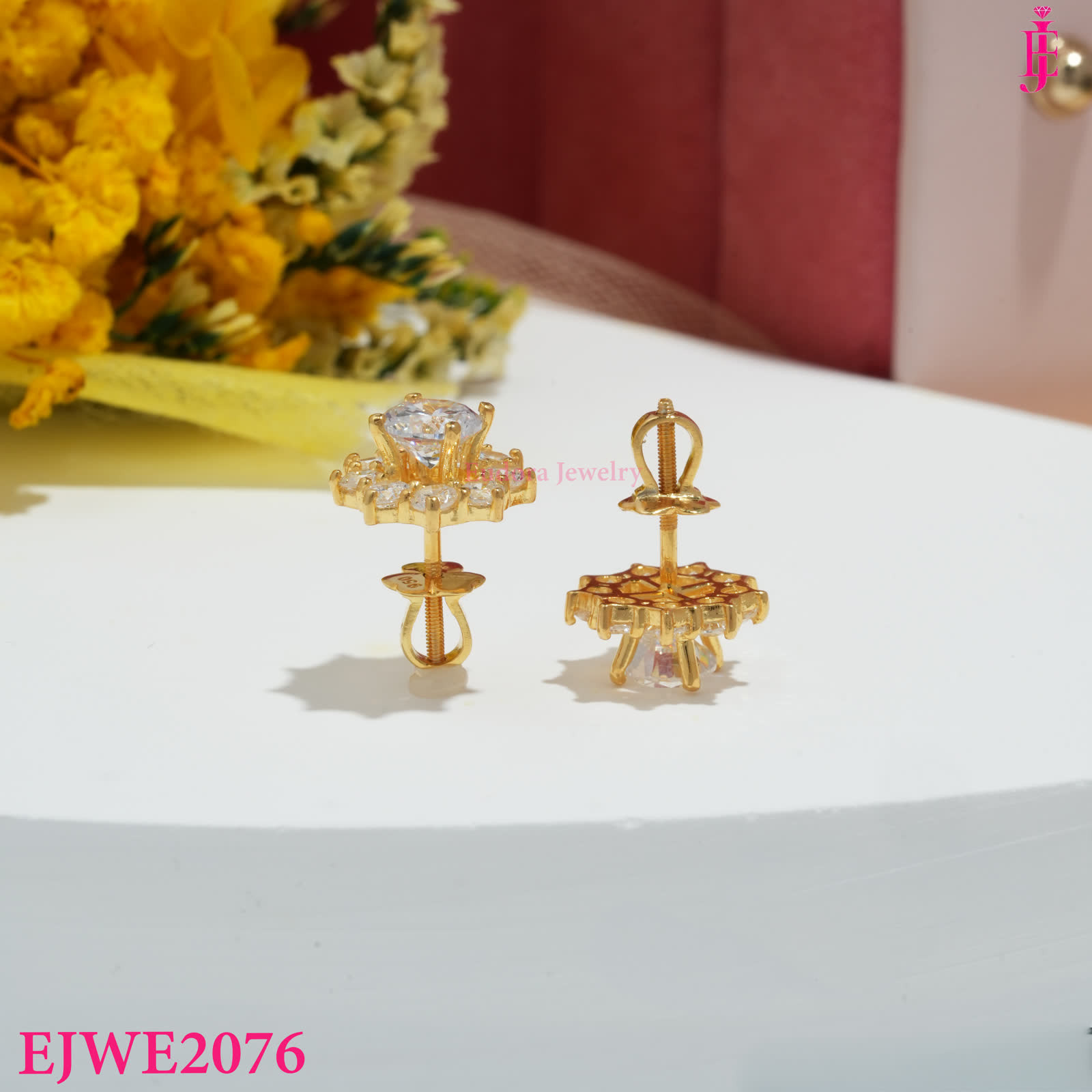 Gold-Tone Round Moissanite Floral Halo Stud Earrings - View 2
