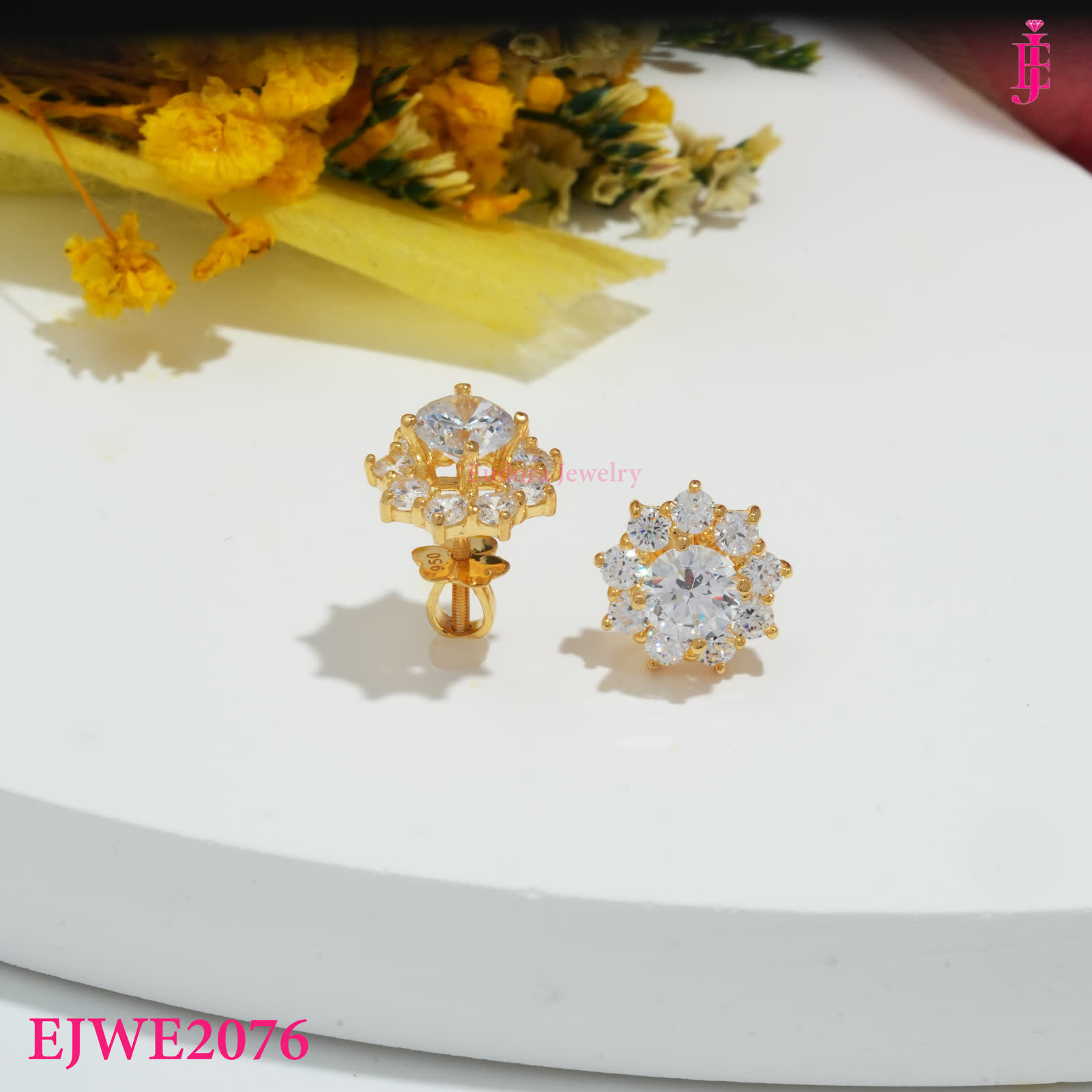 Gold-Tone Round Moissanite Floral Halo Stud Earrings - View 4