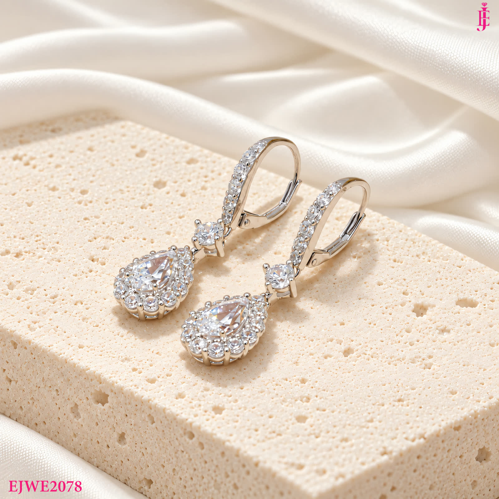 Silver-Tone Pear Halo Drop Earrings - View 2