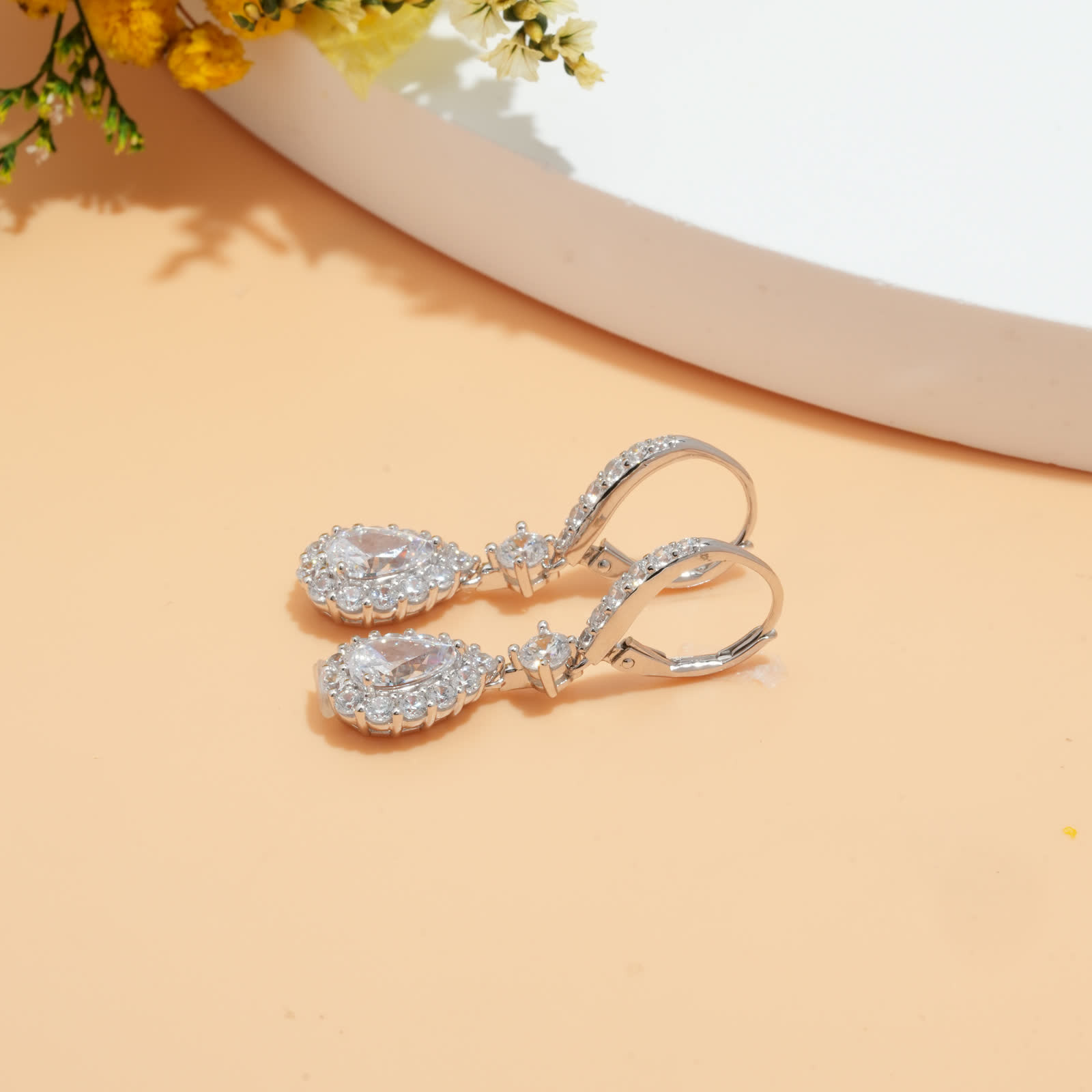 Silver-Tone Pear Halo Drop Earrings - View 5
