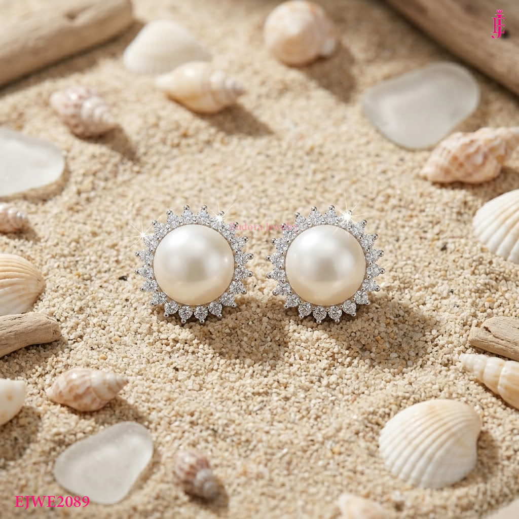 Pearl Halo Stud Earrings in Platinum-Plated Sterling Silver - View 2