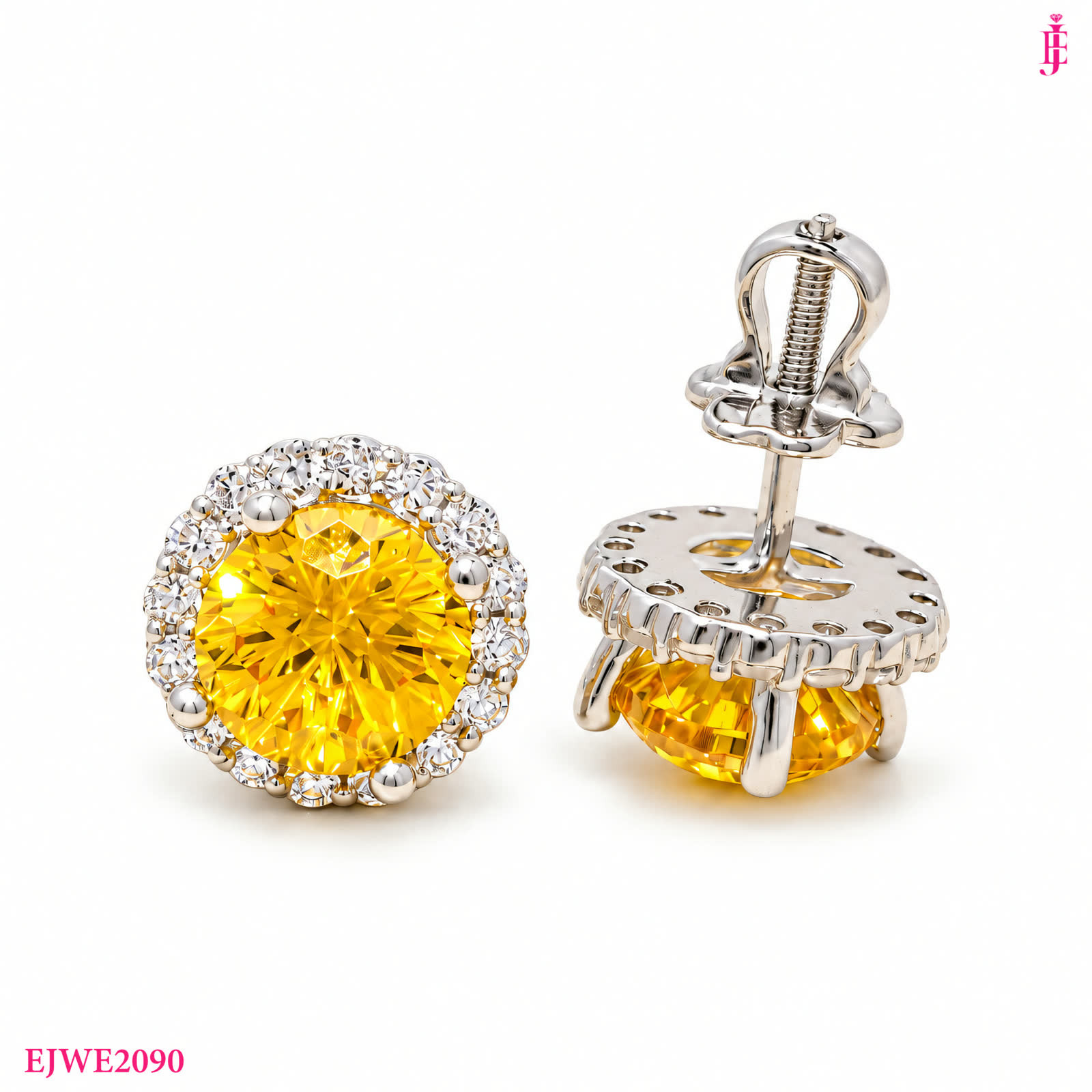 Silver-Tone Yellow Round Halo Stud Earrings - View 1