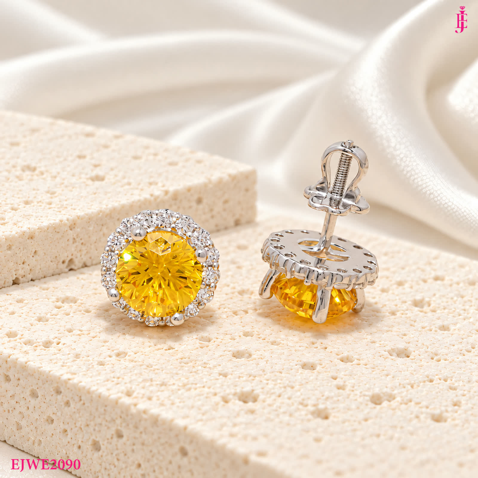 Silver-Tone Yellow Round Halo Stud Earrings - View 2
