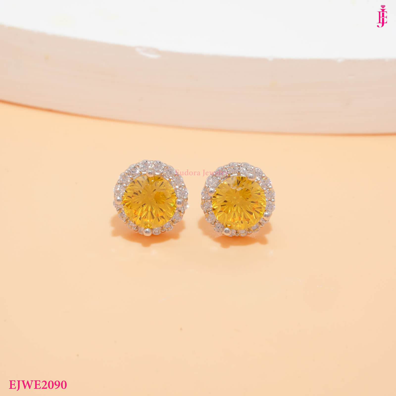 Silver-Tone Yellow Round Halo Stud Earrings - View 3