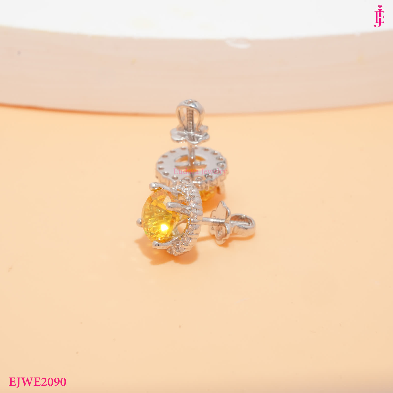 Silver-Tone Yellow Round Halo Stud Earrings - View 5