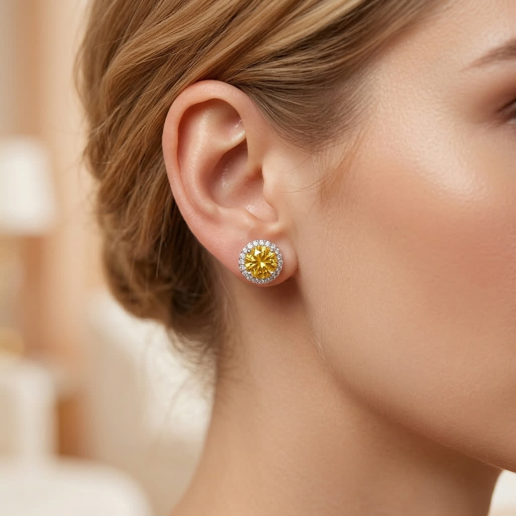 Silver-Tone Yellow Round Halo Stud Earrings - View 6