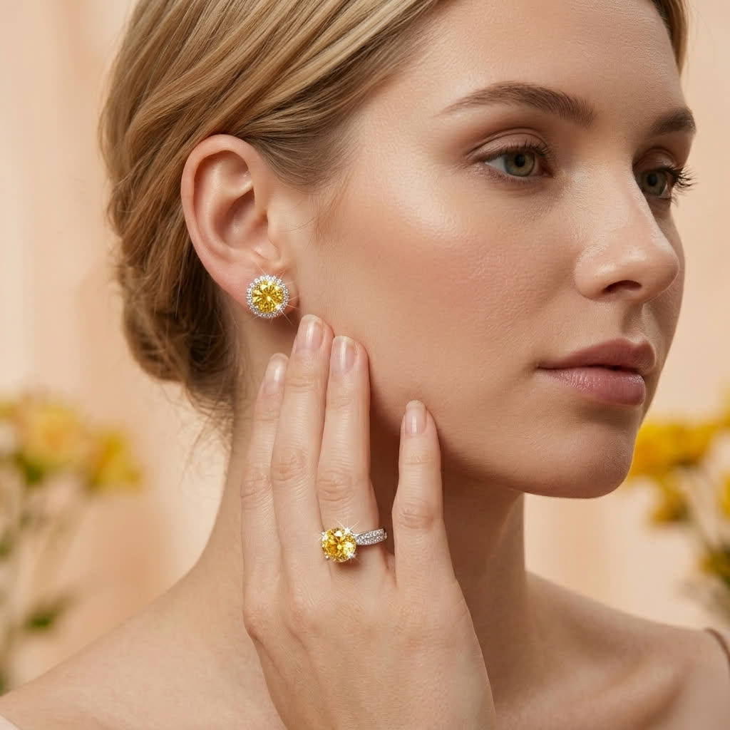 Silver-Tone Yellow Round Halo Stud Earrings - View 7