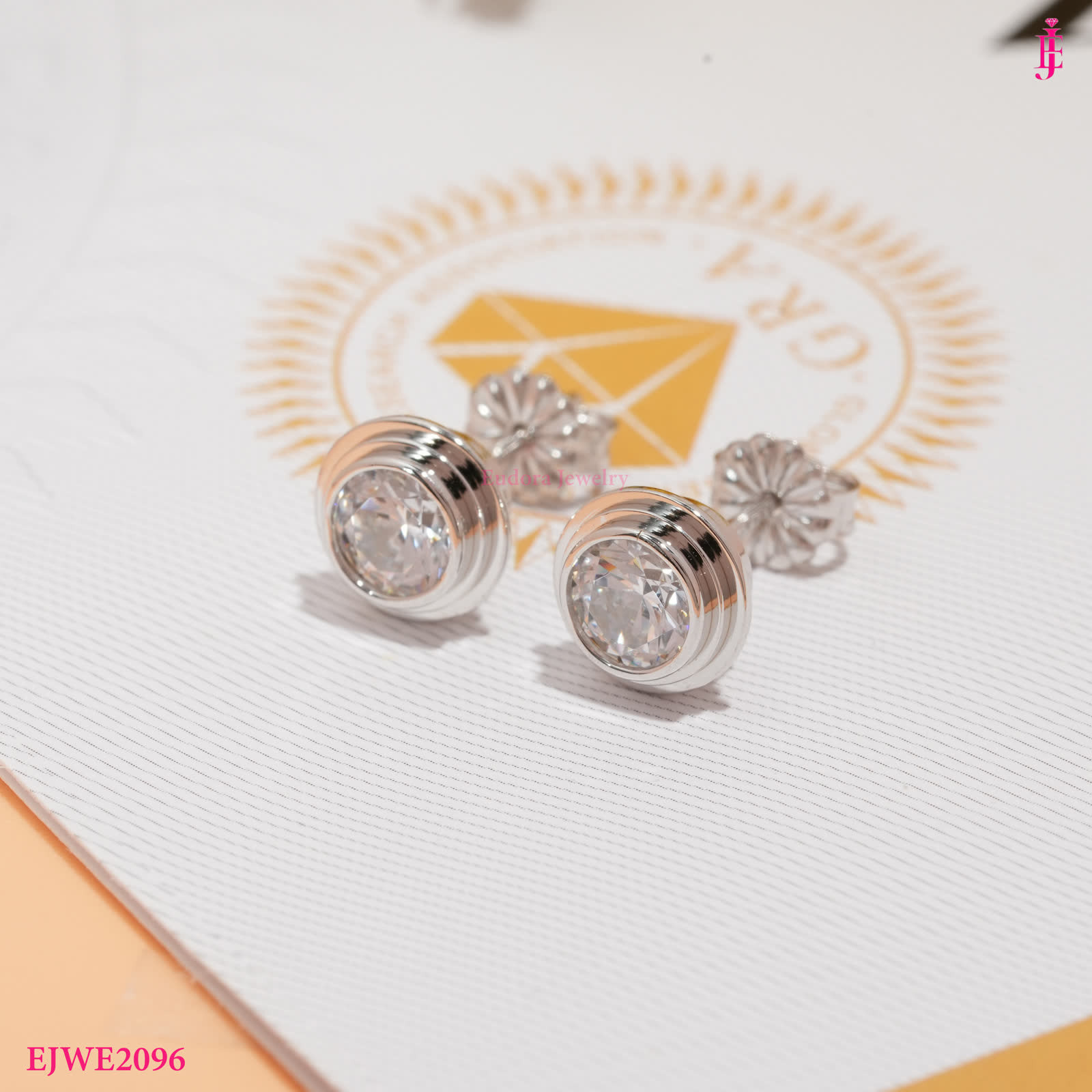 Silver-Tone Round Moissanite Bezel Stud Earrings - View 1