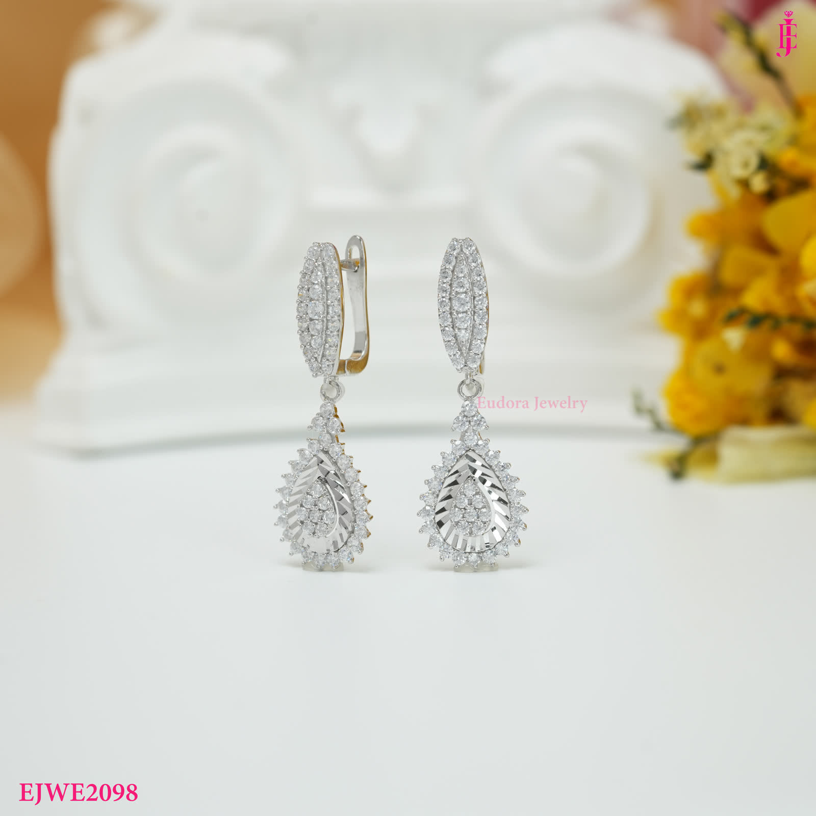Teardrop Halo Drop Earrings in Gold-Plated Silver - View 2