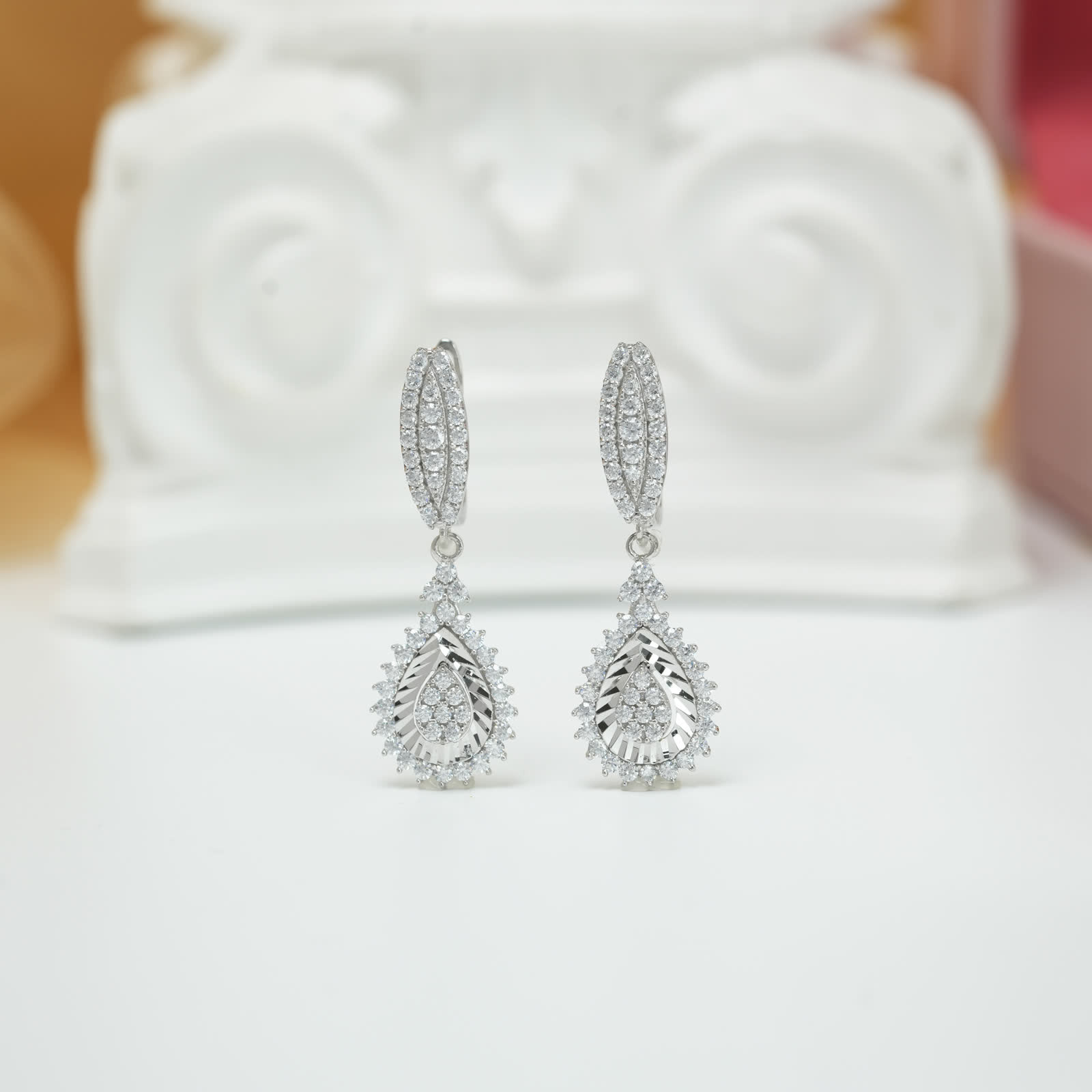 Teardrop Halo Drop Earrings in Gold-Plated Silver - View 3