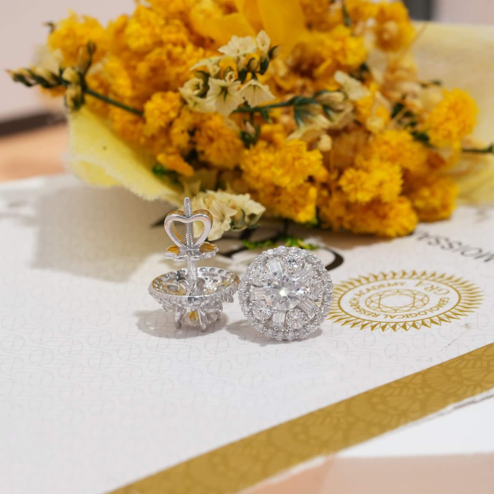 Round Moissanite Halo Stud Earrings in Platinum-Plated Sterling Silver - View 2