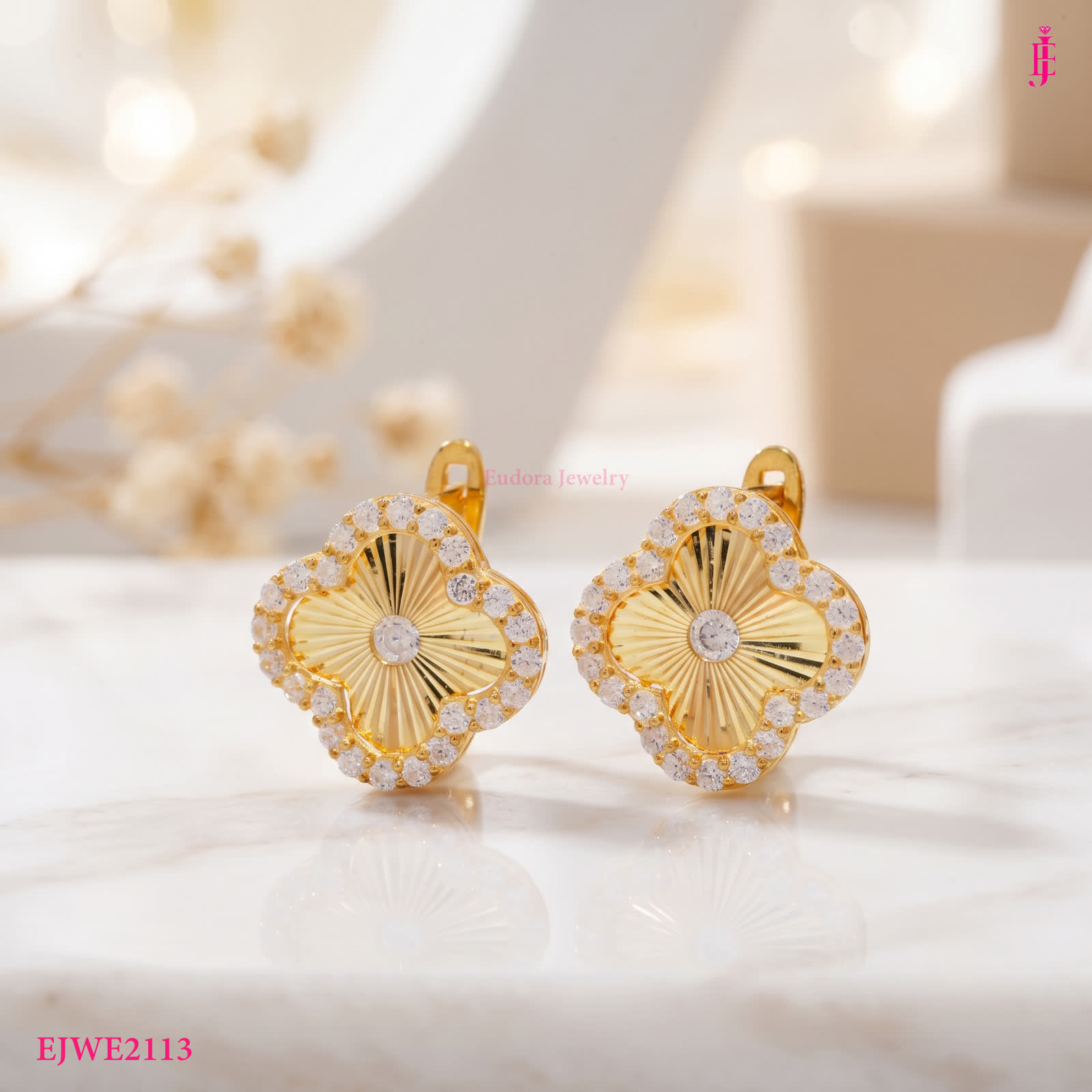 Floral Cubic Zirconia Earrings in 24K Gold-Plated Sterling Silver - View 2