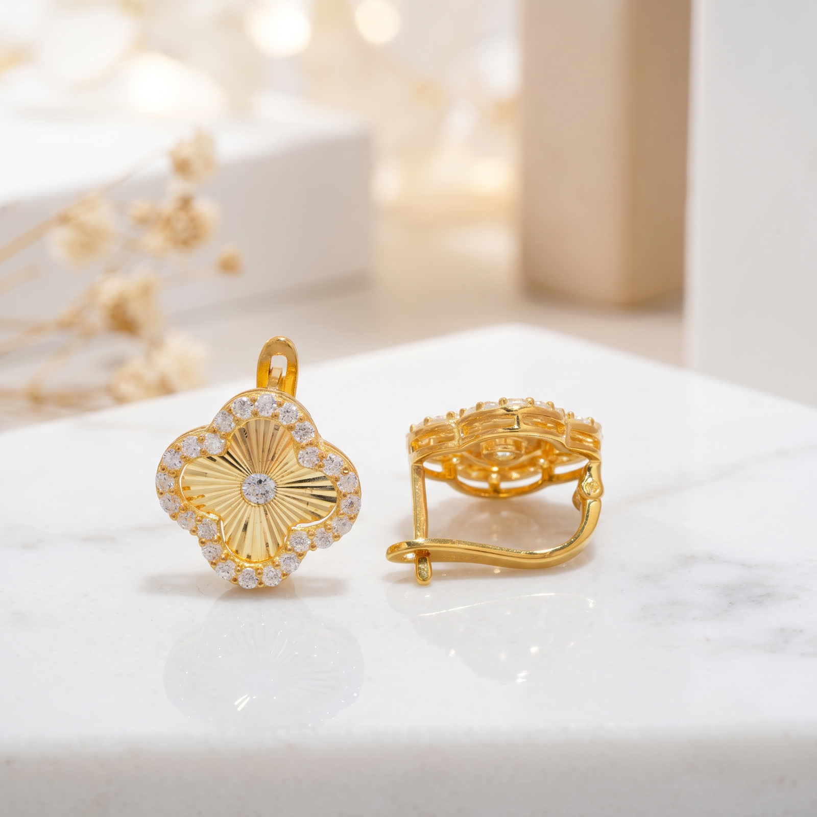 Floral Cubic Zirconia Earrings in 24K Gold-Plated Sterling Silver - View 3